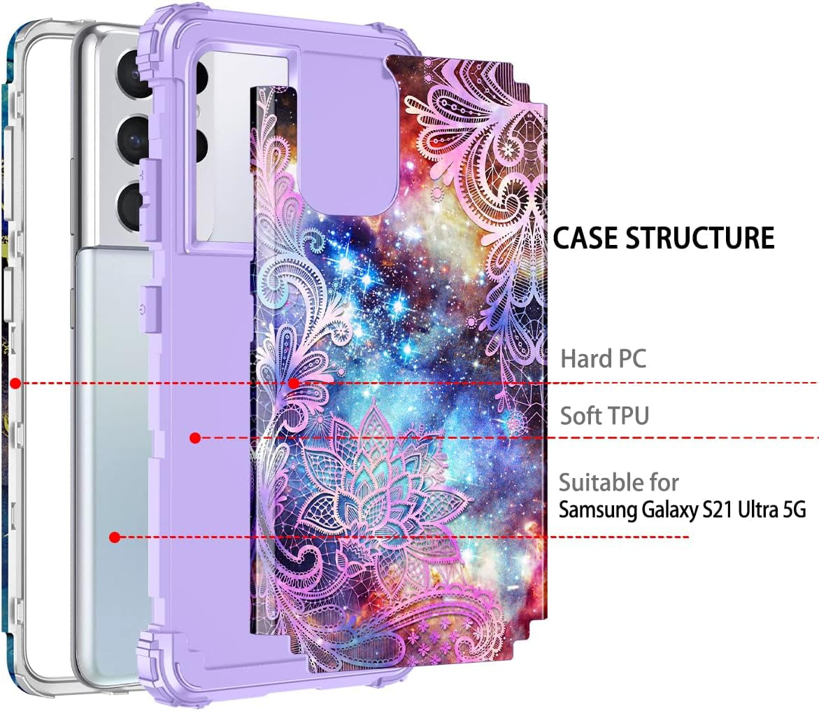 Rancase for Galaxy S21 Ultra 5G Case,Three Layer Heavy Duty Shockproof Protection Hard Plastic Bumper +Soft Silicone Rubber Protective Case for Samsung Galaxy S21 Ultra 5G 6.8 Inch,Purple Mandala  Rancase   