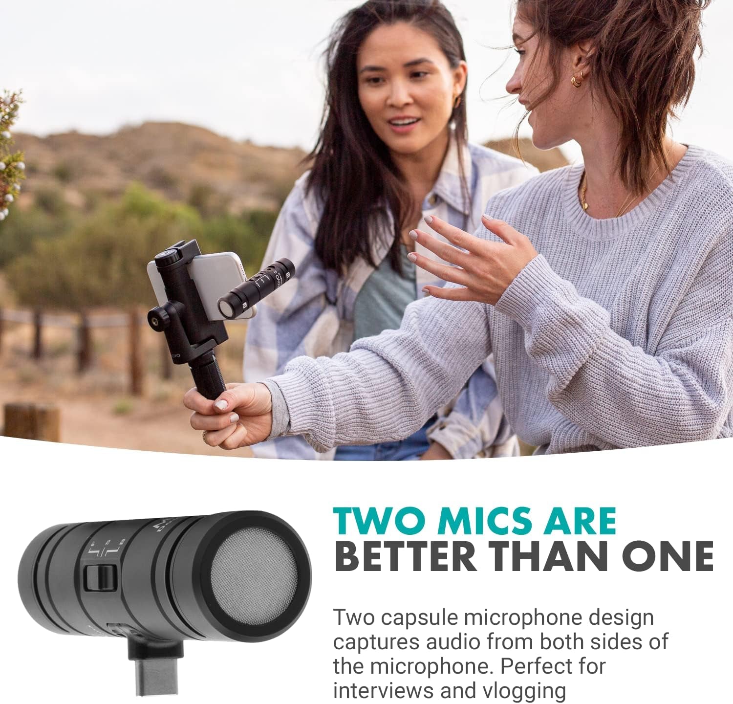 Movo Doublemic-Uc Dual Capsule Phone Microphone for USB-C Devices- Two-Sided Cardioid Condenser Android Shotgun Mic for Video Recording- Professional Microphone for Samsung, Ipad Pro, Google Pixel  Movo   