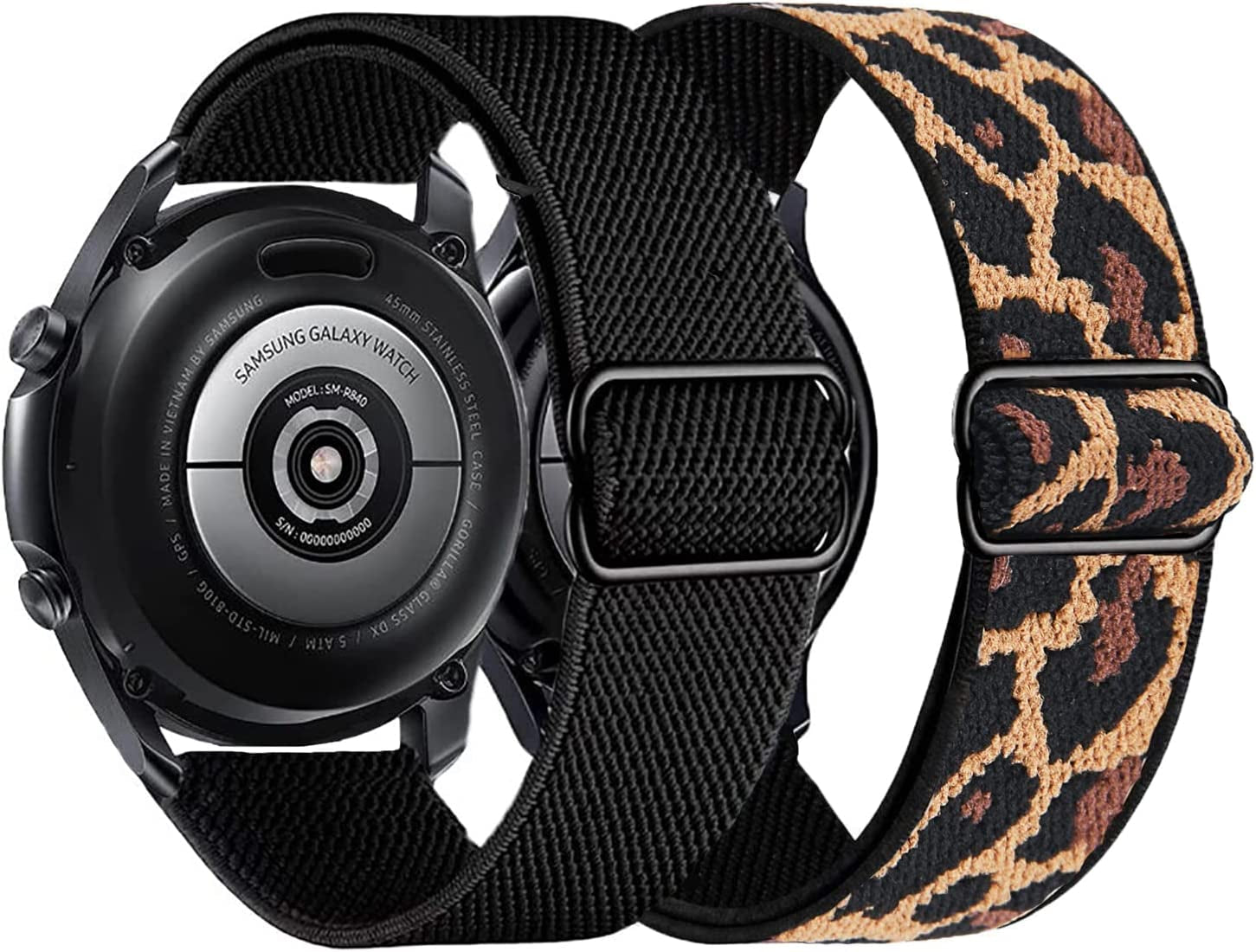 2PACK AHXLL Nylon Bands Compatible with Samsung Galaxy Watch Active 2 44Mm 40Mm/Active 40Mm/Galaxy Watch 3 41Mm/ Galaxy Watch 4 40Mm 44Mm /Galaxy Watch 5 Pro 45Mm, 20Mm Stretchy Sport Loop Breathable Wristband (Black+Army Green)  AHXLL Black+Leopard  
