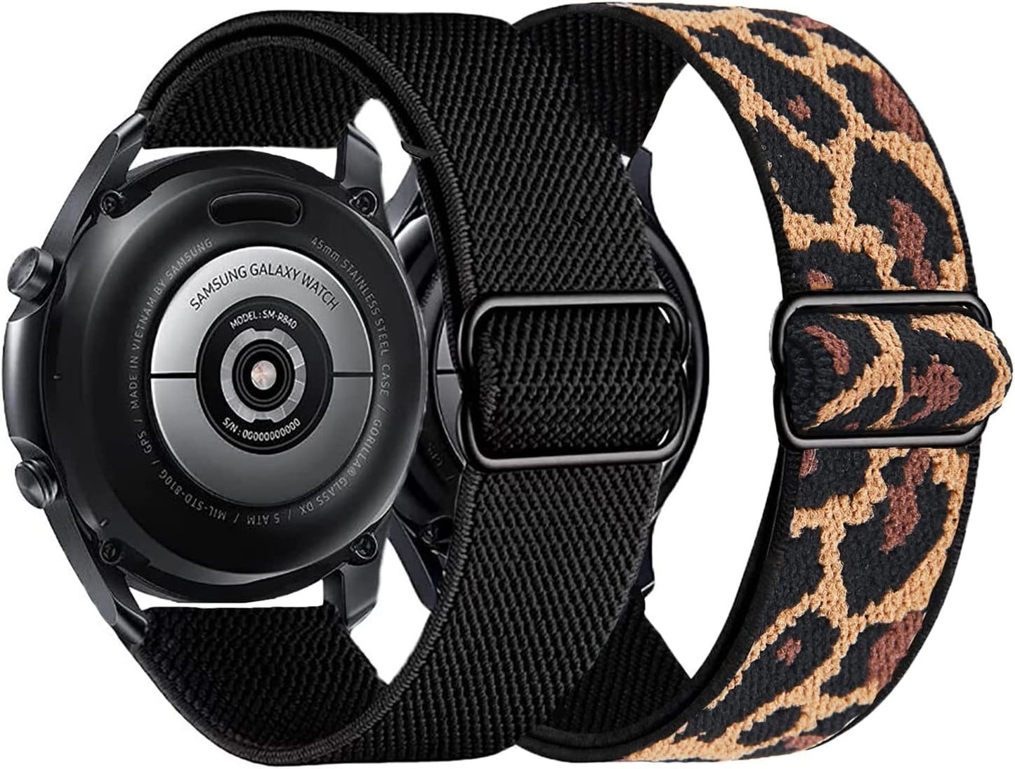 2PACK AHXLL Nylon Bands Compatible with Samsung Galaxy Watch Active 2 44Mm 40Mm/Active 40Mm/Galaxy Watch 3 41Mm/ Galaxy Watch 4 40Mm 44Mm /Galaxy Watch 5 Pro 45Mm, 20Mm Stretchy Sport Loop Breathable Wristband (Black+Army Green)  AHXLL Black+Leopard  