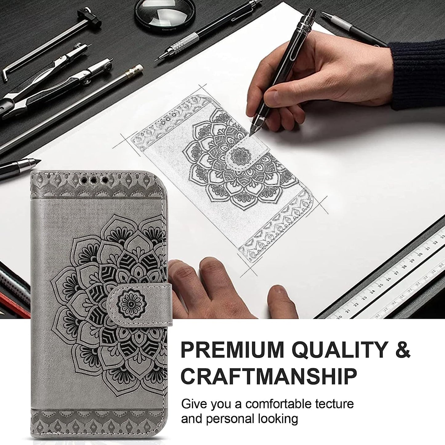 CASEOWL Compatible for Iphone 14 plus Wallet Case [Support Magsafe Charger] 2 in 1 Magnetic Detachable [RFID Blocking] Mandala Embossed Flip Leather Wallet Case with Card Holder,Strap for Women-Gray  CASEOWL   