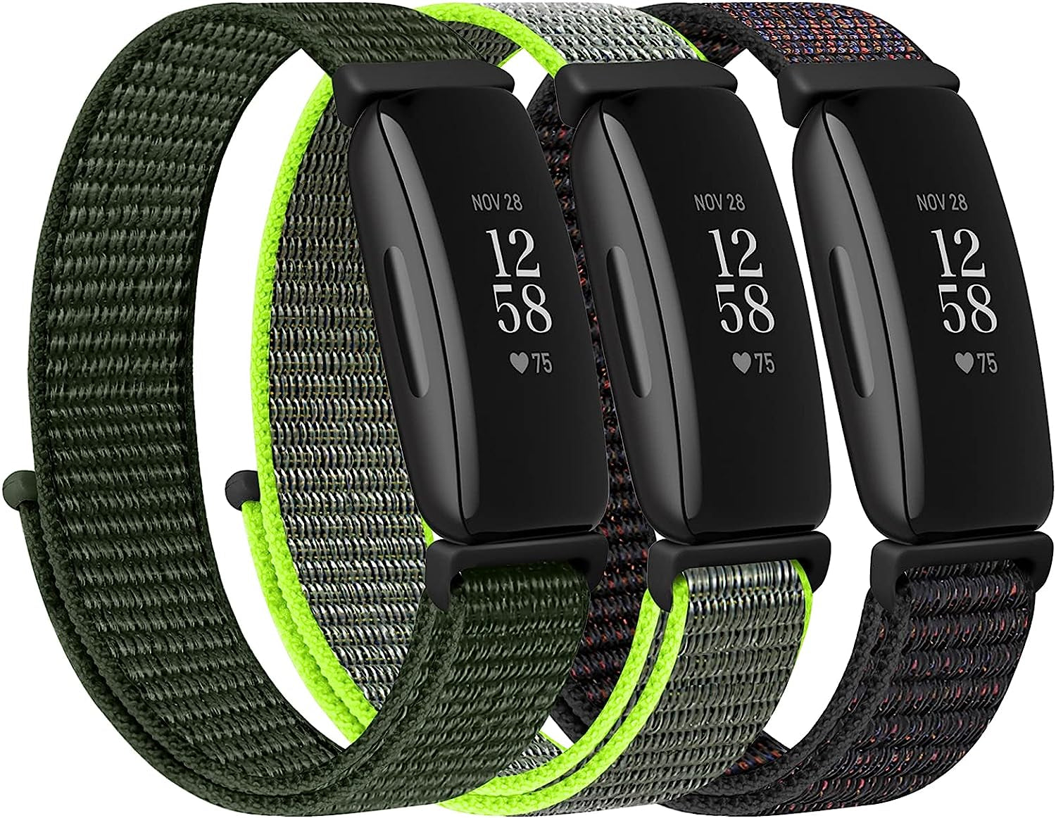 WNIPH Nylon Loop Watch Bands Compatible for Fitbit Inspire 2/ Inspire/ Inspire HR/ Ace 2/ Ace 3 Bands, Soft Adjustable Sport Loop Wristband Replacement Breathable Nylon Straps for Men Women Kids  WNIPH Official Black+Olive Green+Flash  