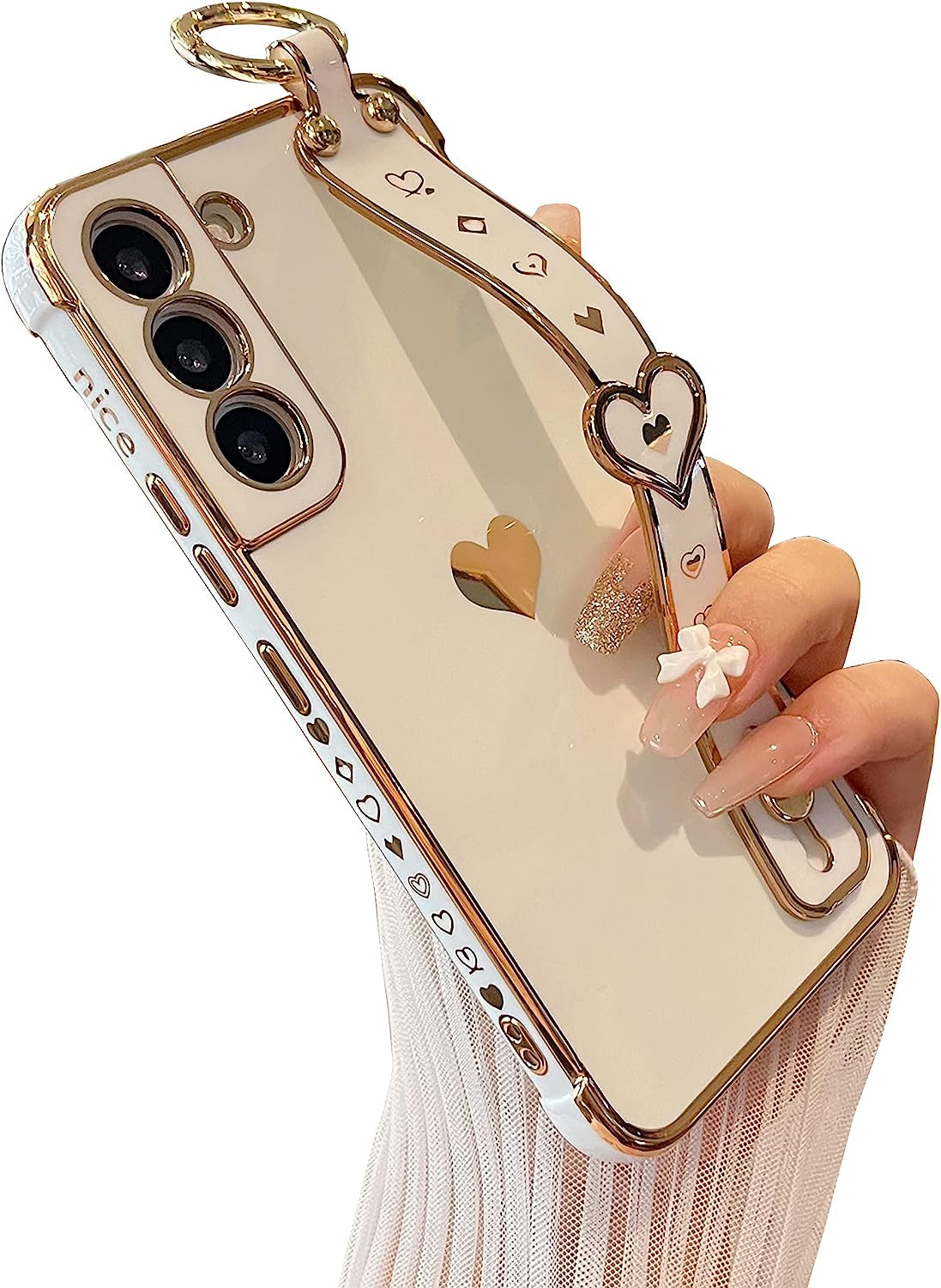 DEFBSC Compatible with Samsung Galaxy S22 plus Case, Electroplated Edge Love Heart Case with Wrist Strap, Full Camera Protection Raised Reinforced Corners Shockproof Soft TPU Cover, White  DEFBSC   