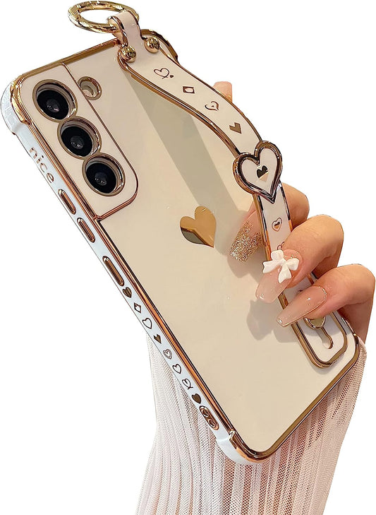 DEFBSC Compatible with Samsung Galaxy S22 plus Case, Electroplated Edge Love Heart Case with Wrist Strap, Full Camera Protection Raised Reinforced Corners Shockproof Soft TPU Cover, White  DEFBSC   