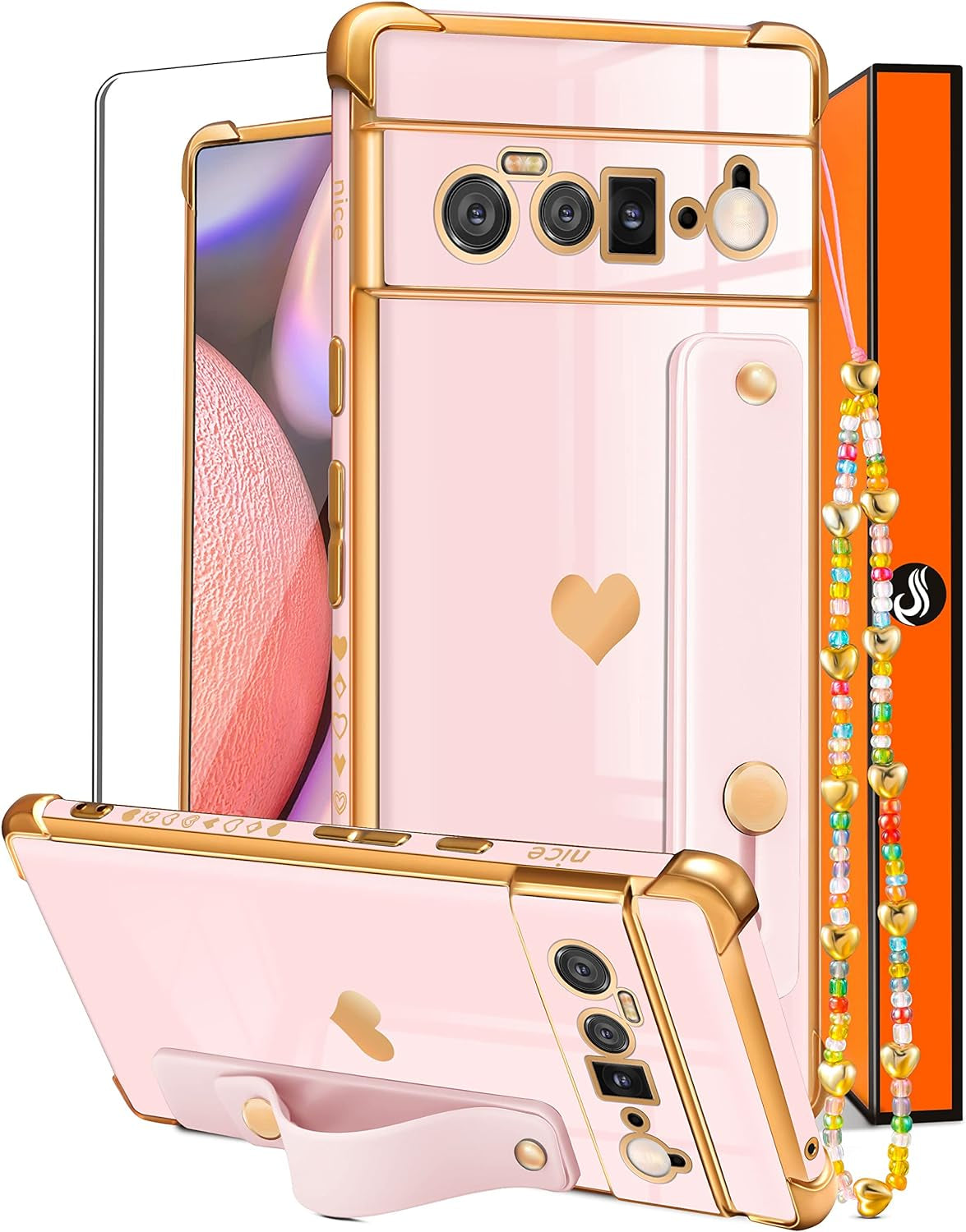 Likiyami (3In1 for Google Pixel 6 Pro Case 5G Heart for Women Girls Girly Cute Luxury Pretty with Stand Phone Cases Black and Gold Love Hearts Aesthetic Cover+Screen+Chain for Google Pixel 6 Pro 6.7"  Likiyami Only For Google Pixel 6 Pro 5G-Pink  