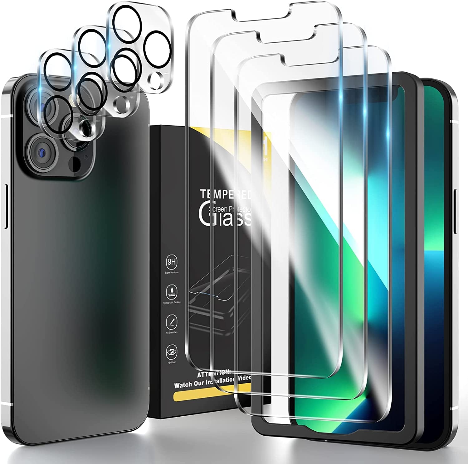 HATOSHI 3 Pack Tempered Glass Screen Protector for Iphone 13 with 3 Pack Camera Lens Protector, Easy Installation HD Clear Protective Glass Screen Film for Iphone 13 6.1-Inch [Work with Most Cases]  HATOSHI iPhone 13 Pro 6.1-inch  