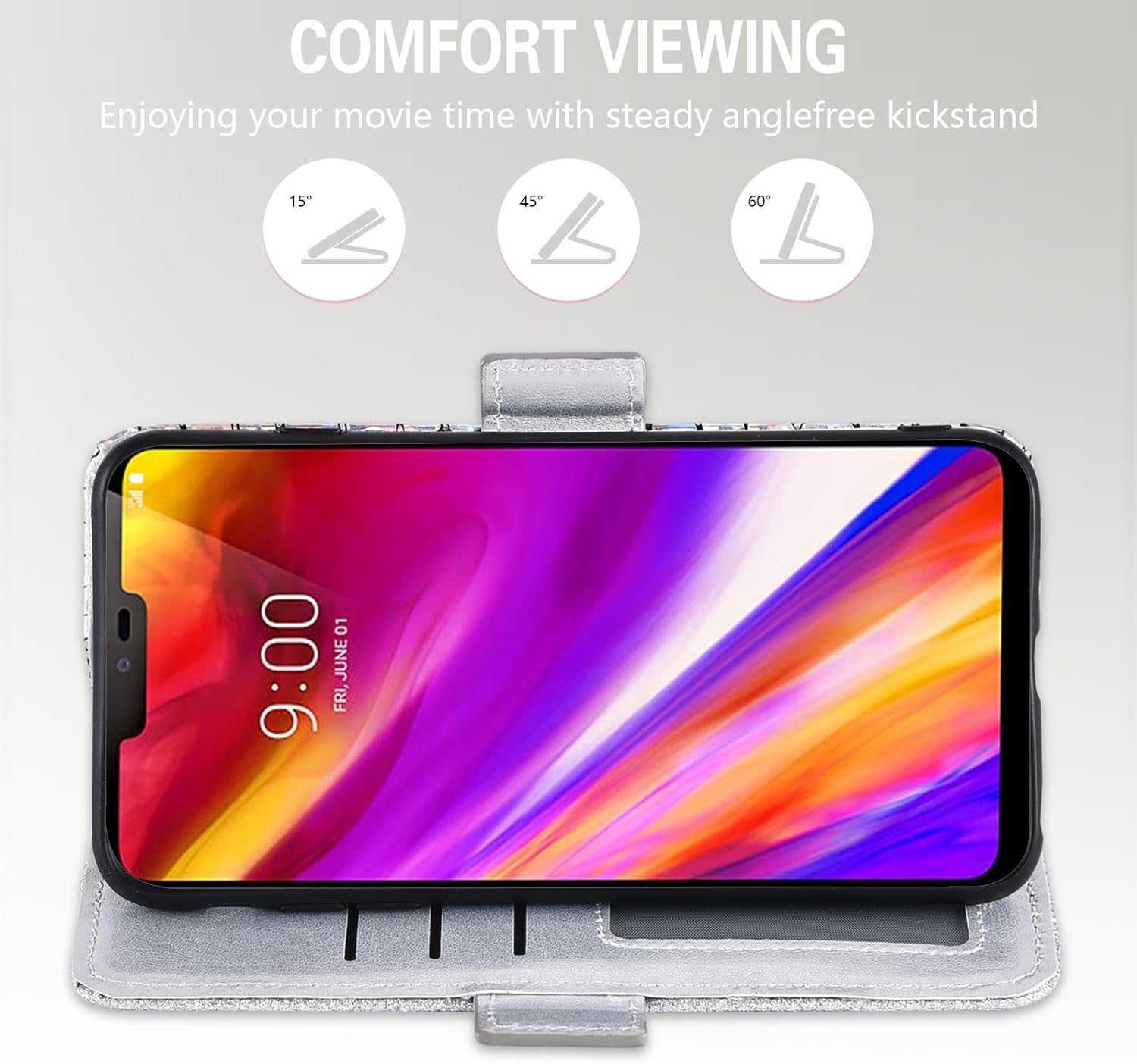 Asuwish Phone Case for LG G7 Thinq Wallet Cover with Screen Protector and Flip Card Holder Bling Glitter Cell LGG7 One G 7 plus LG7 Fit Lg7Thinq 7G Thin Q G7+ G7Thinq Lgg7Thinq Women Girls Silver  Asuwish   