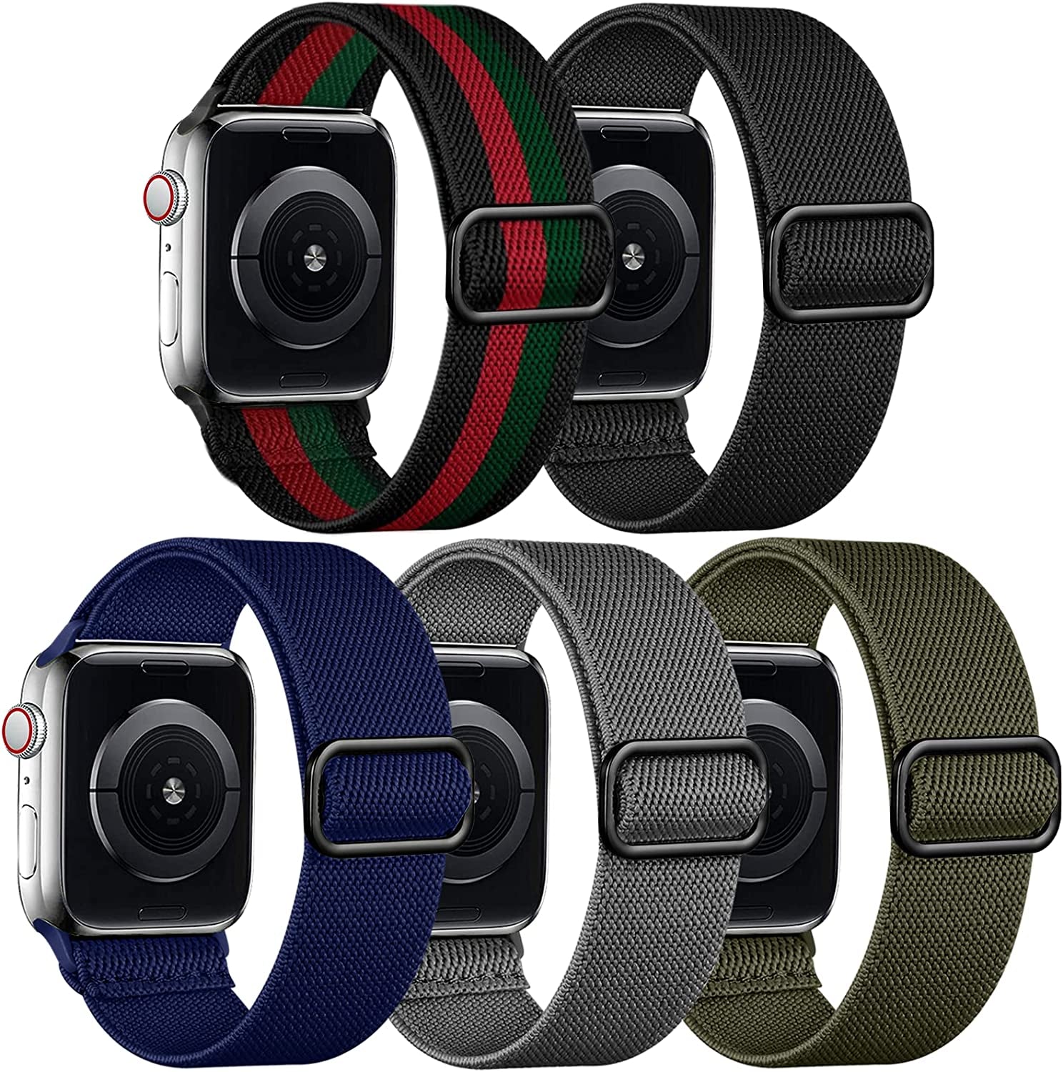 Adorve 5 Pack Stretchy Solo Loop Bands Compatible with Apple Watch Ultral Band 38Mm 40Mm 42Mm 44Mm 41Mm 45Mm 49Mm for Women Men, Soft Nylon Elastic Braided Strap for Iwatch SE Series 8/7/6/5/4/3/2/1  Adorve Black/Navy Blue/Army Green/Gray/Red Green Black 38mm/40mm/41mm 