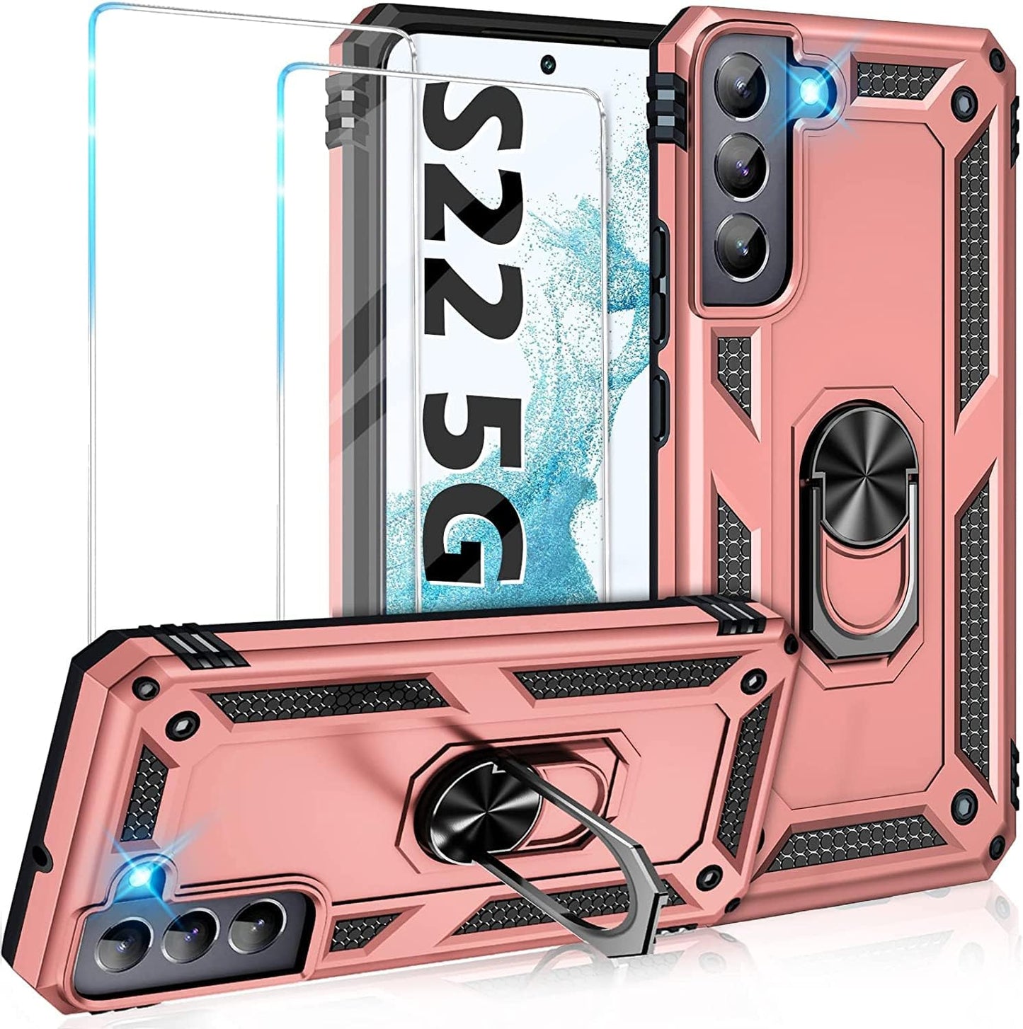 Vaki for Samsung Galaxy S22 5G Case with Built in Screen Protector Military Grade Hard Rugged Cover Heavy Duty Armor Galaxy S22 Phone Cases with Metal Ring Kickstand Shockproof Blue  Vaki Pink  