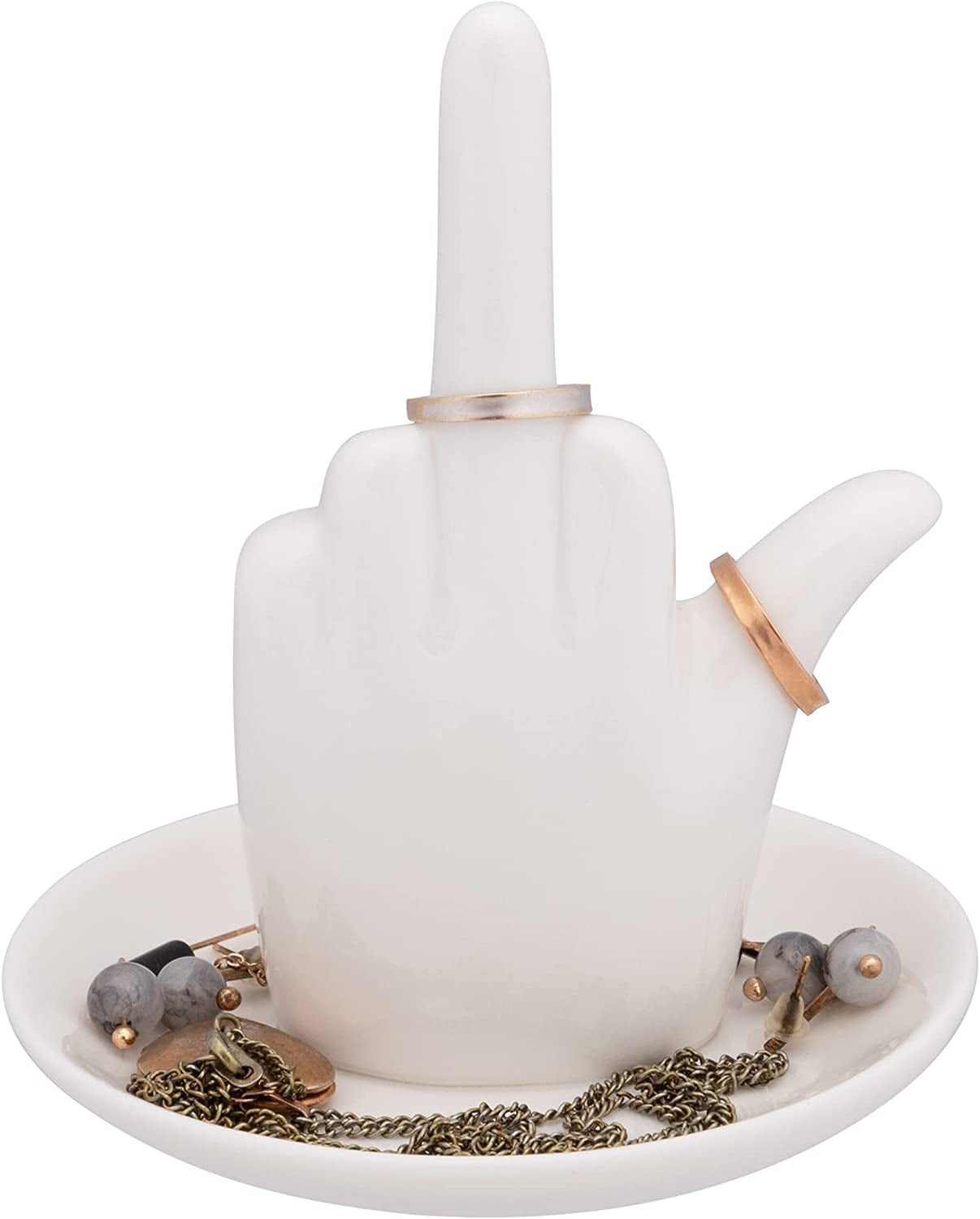 Stephanie Imports White Ceramic Middle Finger Jewelry Ring Dish Tray  Stephanie Imports   