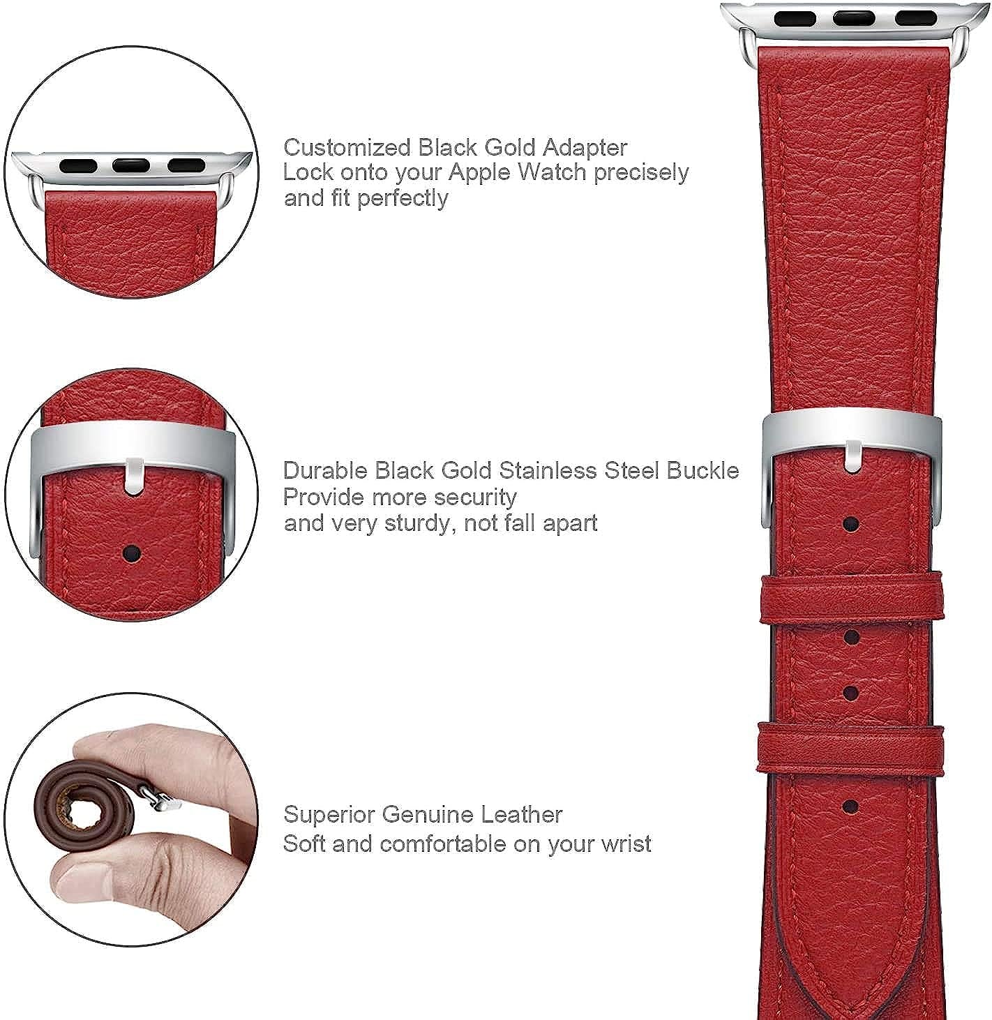 Compatible with Apple Watch Band 42Mm 44Mm 45Mm Women Men,Pierre Case Genuine Leather Sweatproof Classic Replacement Strap Stainless Steel Buckle for Iwatch Series 7/6/Se/5/4/3/2/1(Red,42Mm 44Mm 45Mm)  TOKASA   