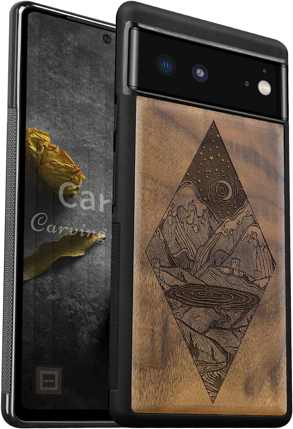 Carveit Wood Case for Pixel 6A Case 2022 [Natural Wood & Black Soft TPU] Shockproof Protective Cover Unique & Classy Wooden Case Compatible with Google Pixel 6A Case (Starry Night-Rosewood)  Carveit Walnut-Pixel 6 Pixel 6 (6.4 Inch) 