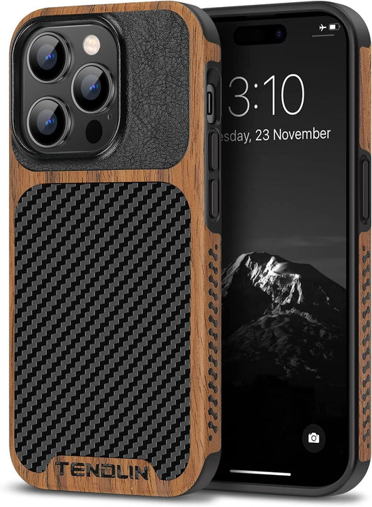 TENDLIN Compatible with Iphone 14 Pro Max Case Wood Grain with Carbon Fiber Texture Design Leather Hybrid Slim Case Black  TENDLIN   