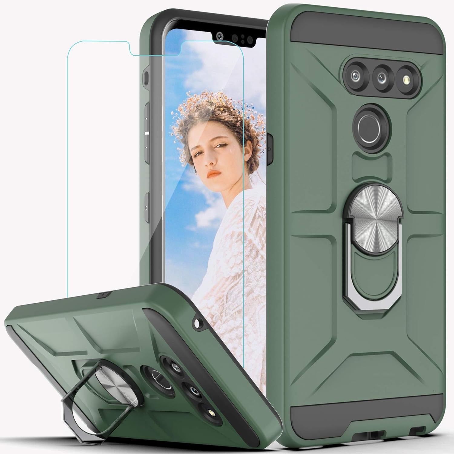 Ymhxcy Compatible for LG G8/G8 Thinq Case with HD Screen Protector,360 Degree Rotating Ring Kickstand Holder Dual Layers of Shockproof Phone Case for LG G8-ZS Rose Gold  YmhxcY Zs-Dark Green  