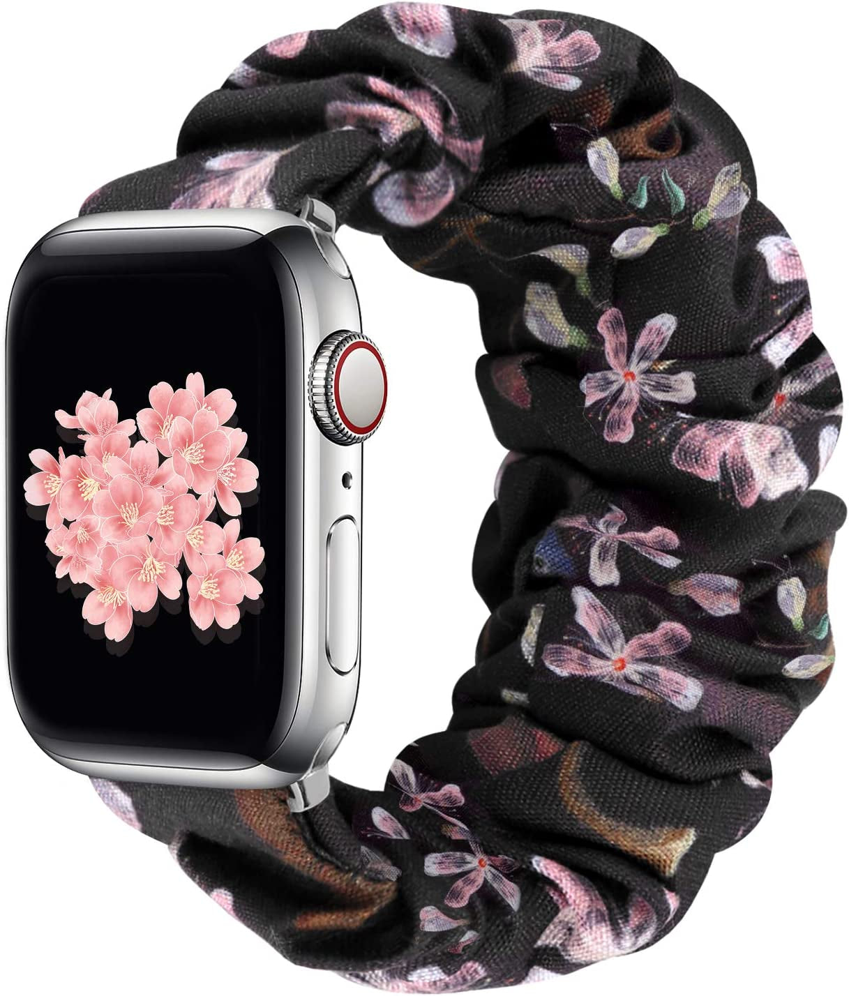 Greatfine Compatible for Apple Watch Band Scrunchie 38Mm 40Mm 41Mm 42Mm 44Mm 45Mm,Soft Elastic Scrunchie Watch Bands,With Iwatch Series 8 7 6 SE 5 4 3 2 1 Ultra,Replacement Wristband for Women(S/M)  HSELE N-Little Cherry Blossoms 42mm/44mm/45mm-S/M 