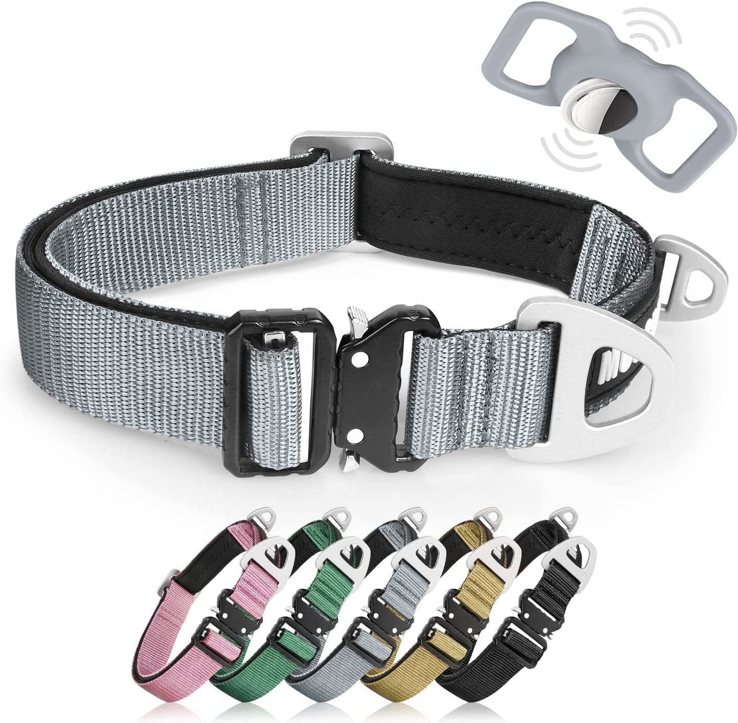 MOOGROU Dog Collar with Airtag Holder,Quick-Release Metal Buckle Heavy Duty Pet Collar for Small Medium Large Dogs,Premium Adjustable Nylon Airtag Dog Collar with Soft Neoprene Padded Comfy Brown 1.2"  MOOGROU Gray:Collar+Airtag Holder Size 1-Width 1" 