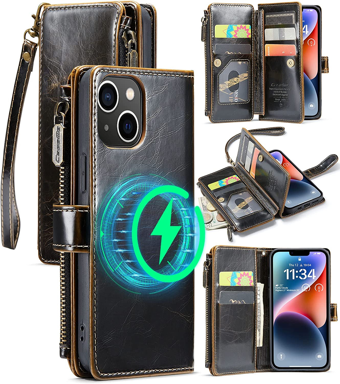 FLIPALM Wallet Case for Iphone 14 Pro(6.1") Flip Case,Compatible with Magsafe Charger,Pu Leather Zipper Protective Lanyard Strap Wristlet Case with Magnetic Closure and Card Holder Luxury Coffee  FLIPALM Luxury Coffee iPhone 14 