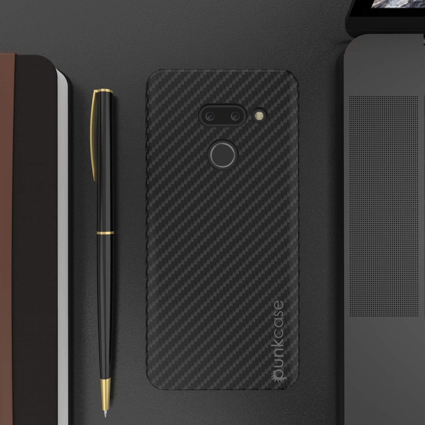 LG G8 Case [Carbonshield Series] Ultra Thin 2 Piece Dual Layer PU Leather Cover [Shockproof][Non Slip] with PUNKSHIELD Screen Protector Compatible W/LG G8 Thinq (Jet Black)  PunkCase   