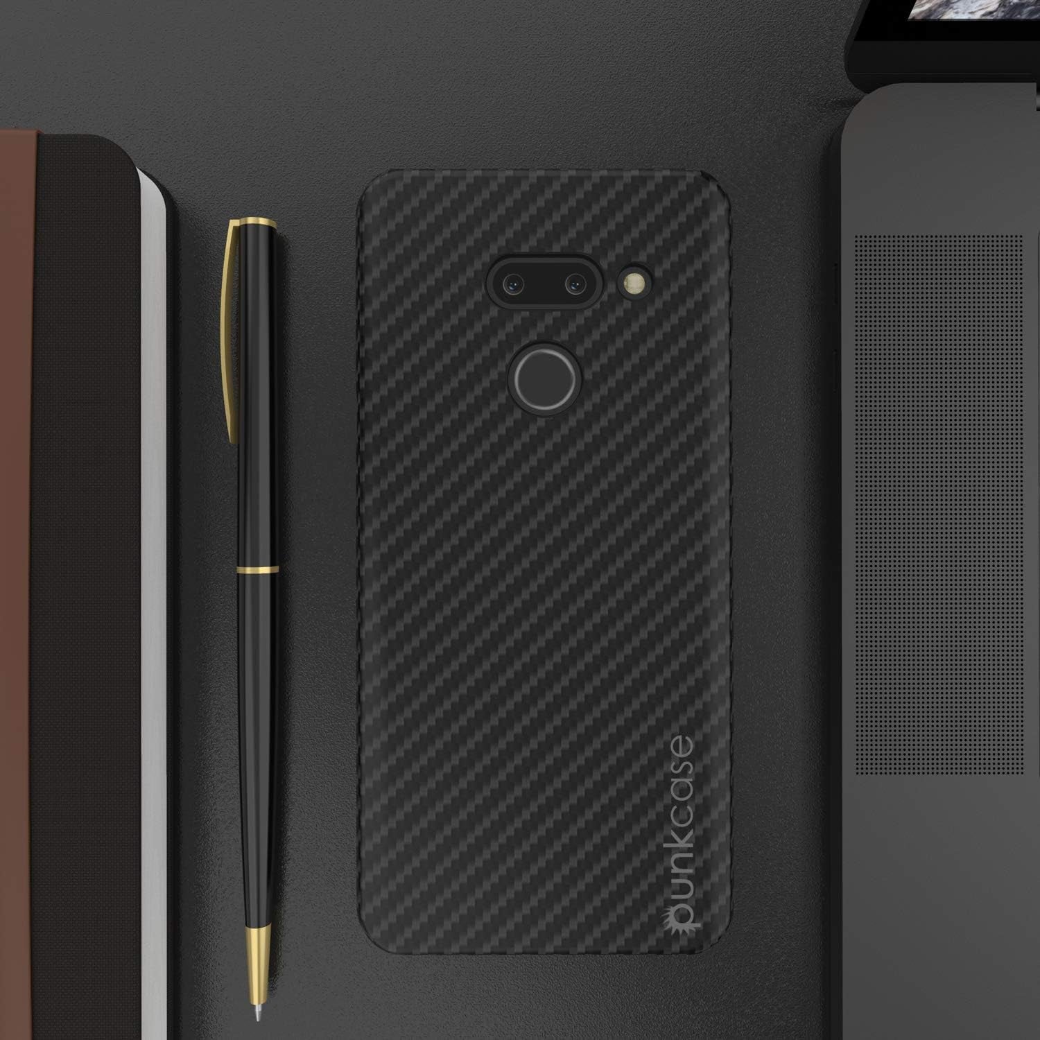 LG G8 Case [Carbonshield Series] Ultra Thin 2 Piece Dual Layer PU Leather Cover [Shockproof][Non Slip] with PUNKSHIELD Screen Protector Compatible W/LG G8 Thinq (Jet Black)  PunkCase   