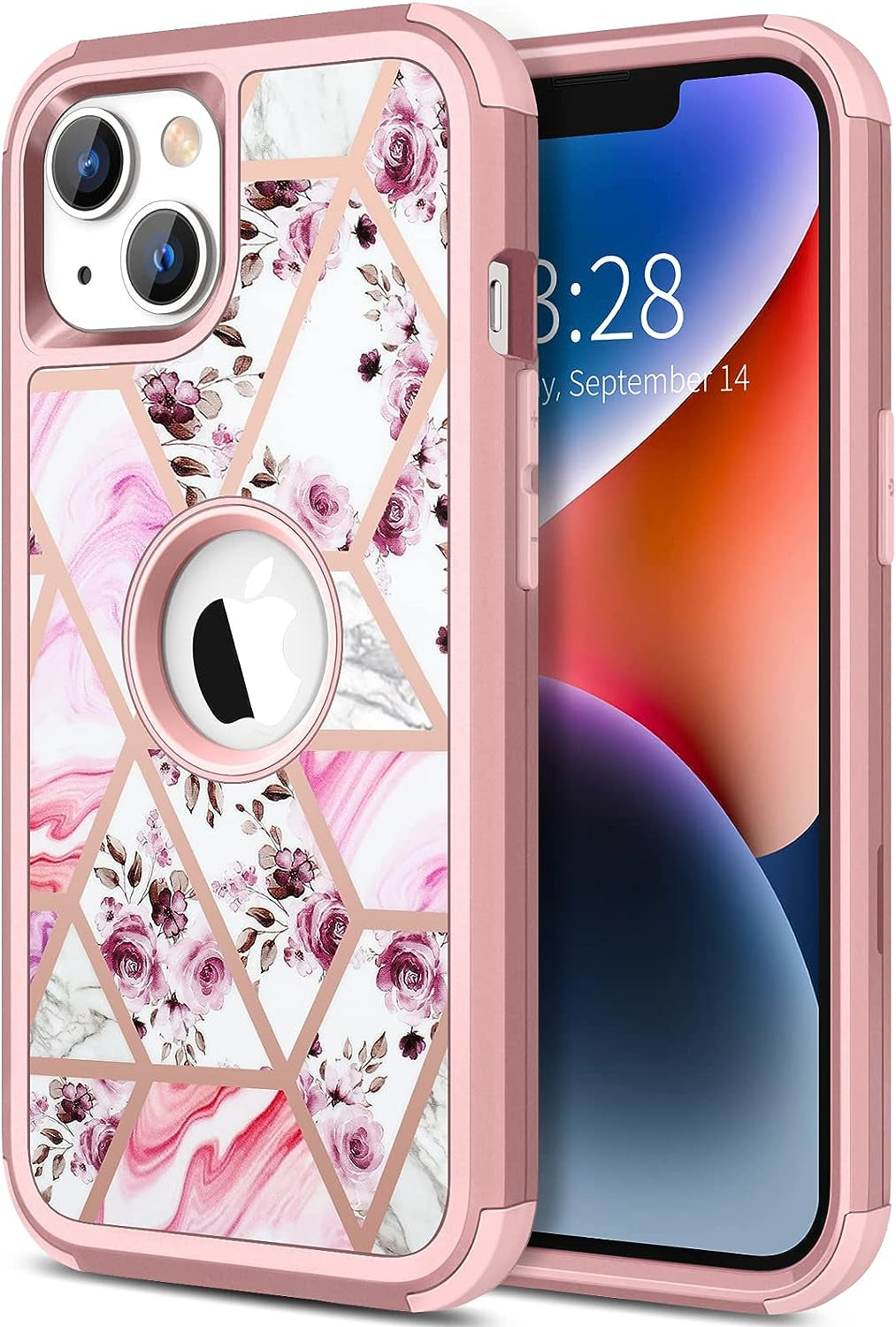 Hython for Iphone 14 plus Case, Heavy Duty Full-Body Defender Protective Phone Cases Glitter Bling Sparkle Hard Shell Hybrid Shockproof/Drop Proof 3-Layer Military Rubber Bumper Cover for Women Girls  Hython Floral And Marble  
