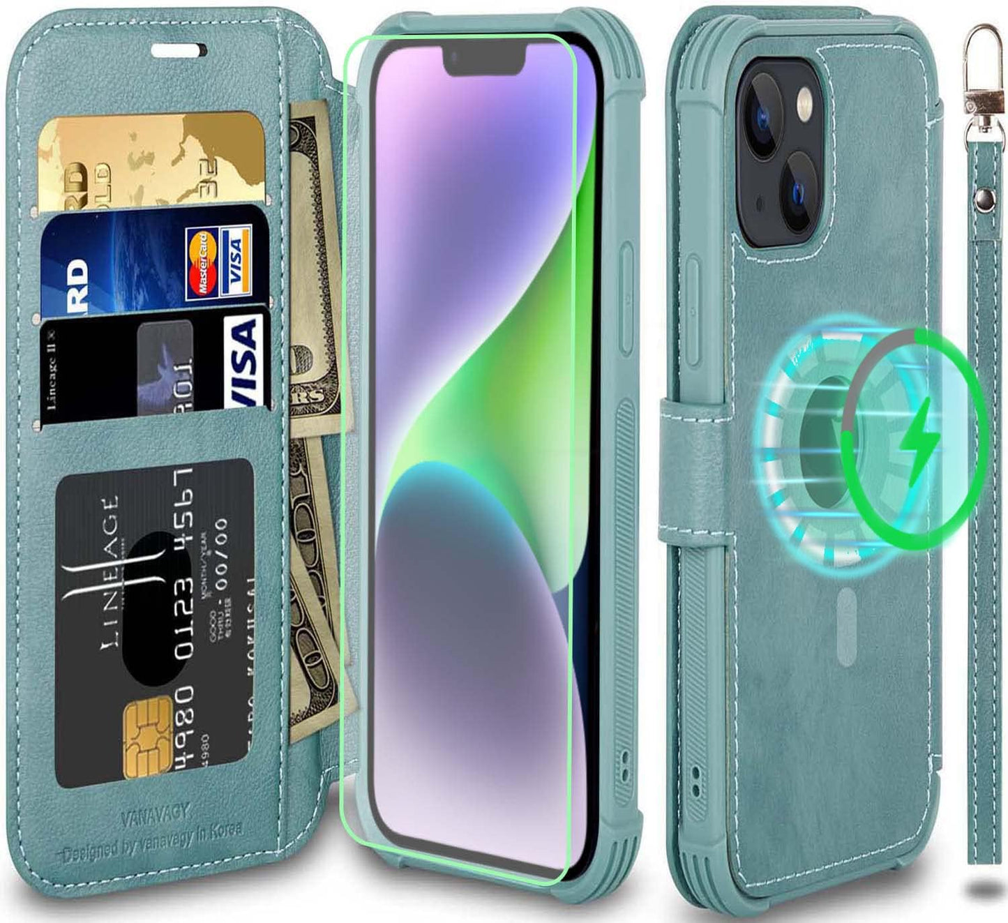 VANAVAGY Iphone 14 plus Wallet Case Magsafe,Leather Flip Folio Phone Cover Supports Magsafe and Wireless Charging with RFID Block Card Holder and Wrist Strap,Clove Purple  VANAVAGY Forest green（Not for iPhone 14 ）  