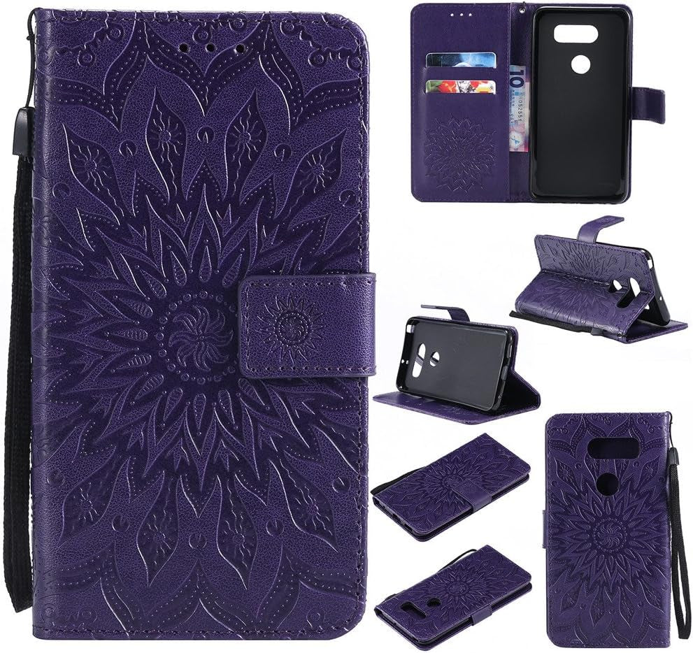 LG V30 Case LG V30 Cover EMAXELER Stylish Wallet 3D Embossed Kickstand Flip Relief Sun Flower Three Dimensional Cards Slot Cash Pockets PU Leather for LG V30 Sun Purple  EMAXELER   