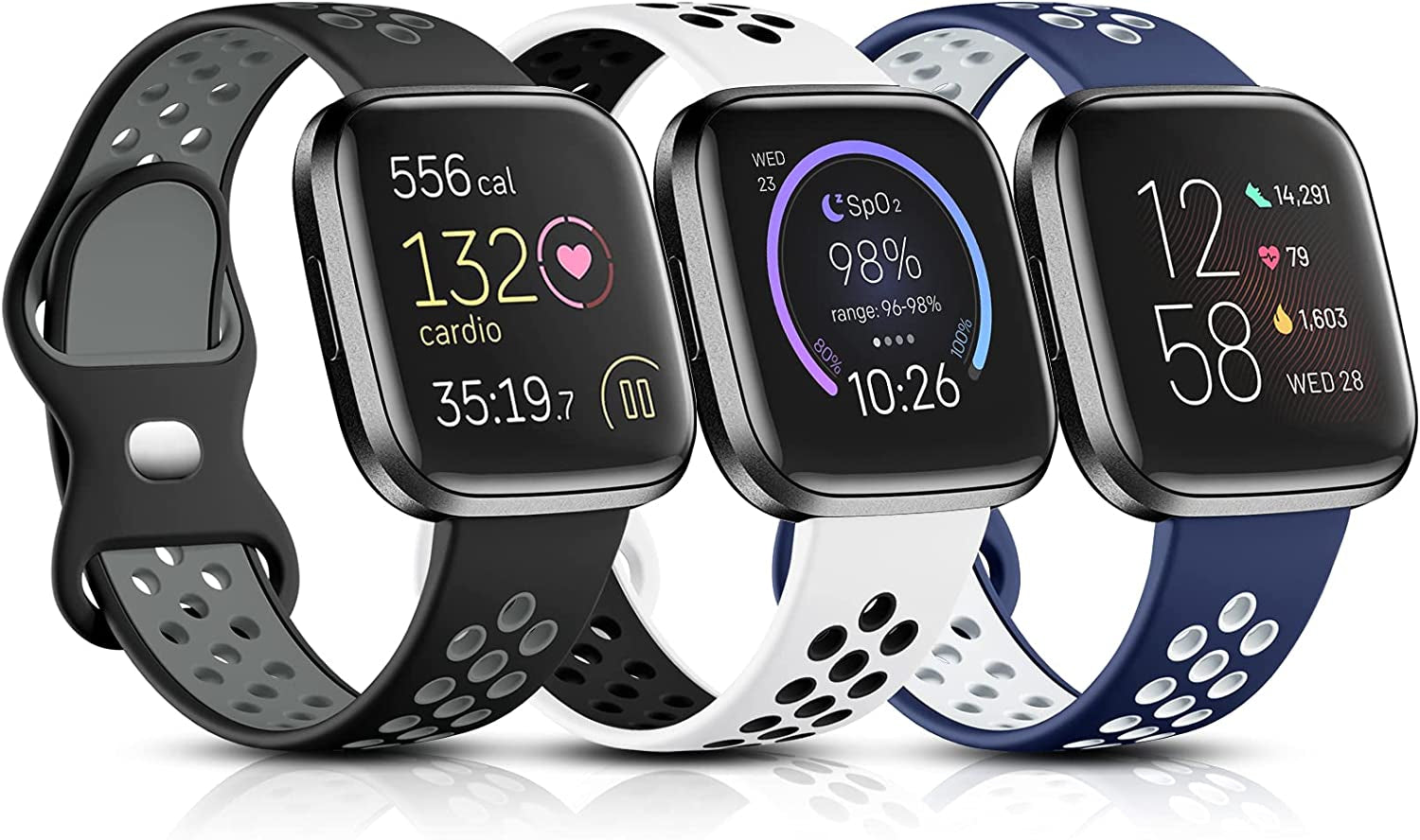 Witzon Sport Bands Compatible with Fitbit Versa 2 / Versa / Versa Lite for Women Men, Breathable Silicone Replacement Wristbands for Versa 2 Smartwatch, Small, Black-Gray/Black-Red/Black-Blue  Witzon Black Gray/White Black/Blue White Small 