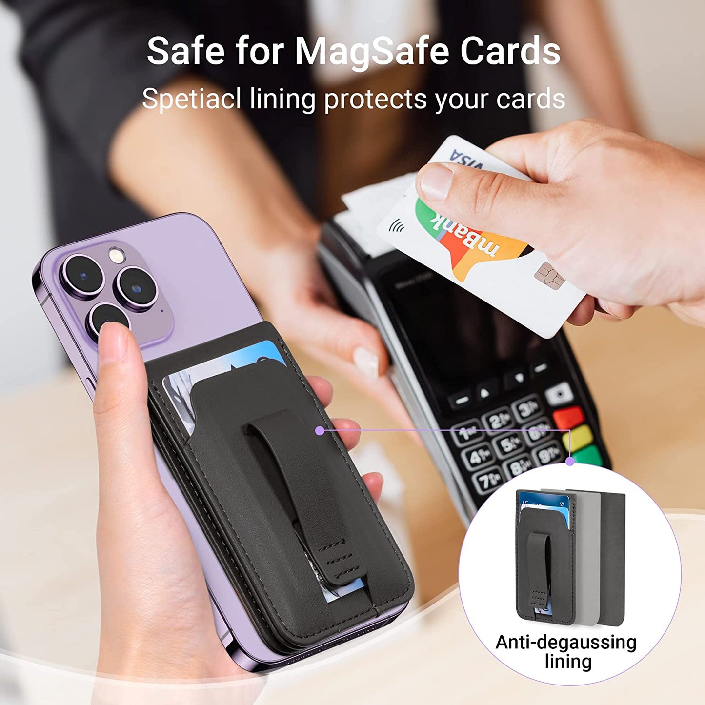 Magsafe Phone Wallet Card Holder: Magnetic Apple Wallet and Adjustable Phone Stand for Iphone 14/13/12 Series, 4 Cards Holder, Grip Finger Loop, Vegan Leather, Black (Not for Iphone 13 Mini/12 Mini)  Huogantom   