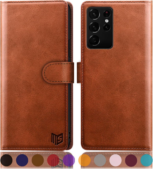 SUANPOT for Samsung Galaxy S21 Ultra 6.8" with RFID Blocking Leather Wallet Case Credit Card Holder,Flip Folio Book Phone Case Shockproof Cover Women Men for Samsung S21 Ultra Case Wallet Light Brown  SUANPOT   