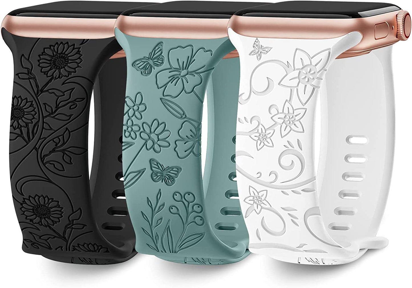 3 Pack Floral Engraved Bands Compatible with Apple Watch Band 40Mm 41Mm 38Mm 42Mm 44Mm 45Mm 49Mm Women,Soft Silicone Cute Wildflowers Sport Laser Strap for Iwatch Bands Series Ultra SE 8 6 5 4 3 2 1  AMSKY Pine Needles Green/White/Black 38/40/41 mm 