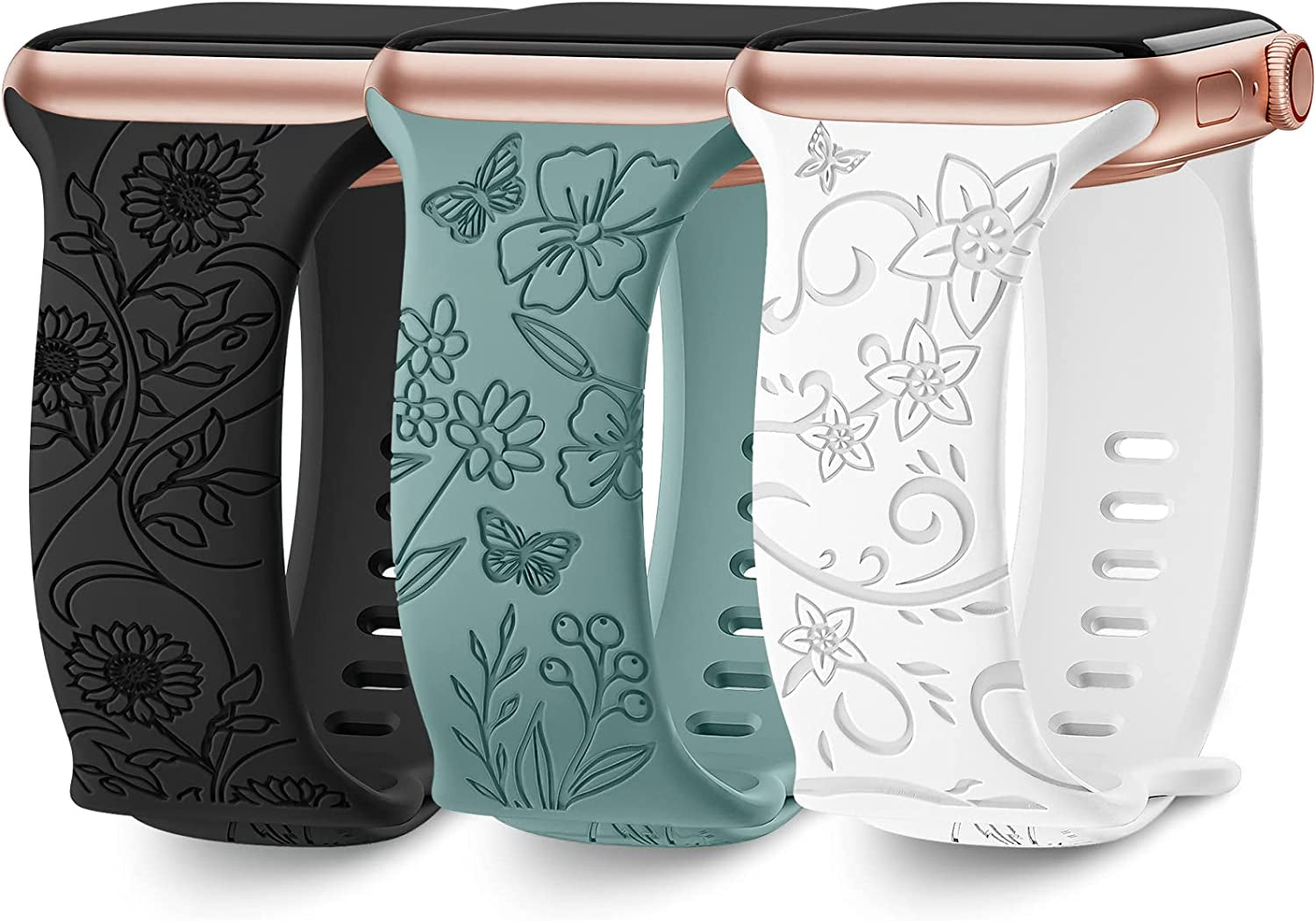 3 Pack Floral Engraved Bands Compatible with Apple Watch Band 40Mm 41Mm 38Mm 42Mm 44Mm 45Mm 49Mm Women,Soft Silicone Cute Wildflowers Sport Laser Strap for Iwatch Bands Series Ultra SE 8 6 5 4 3 2 1  AMSKY Pine Needles Green/White/Black 38/40/41 mm 