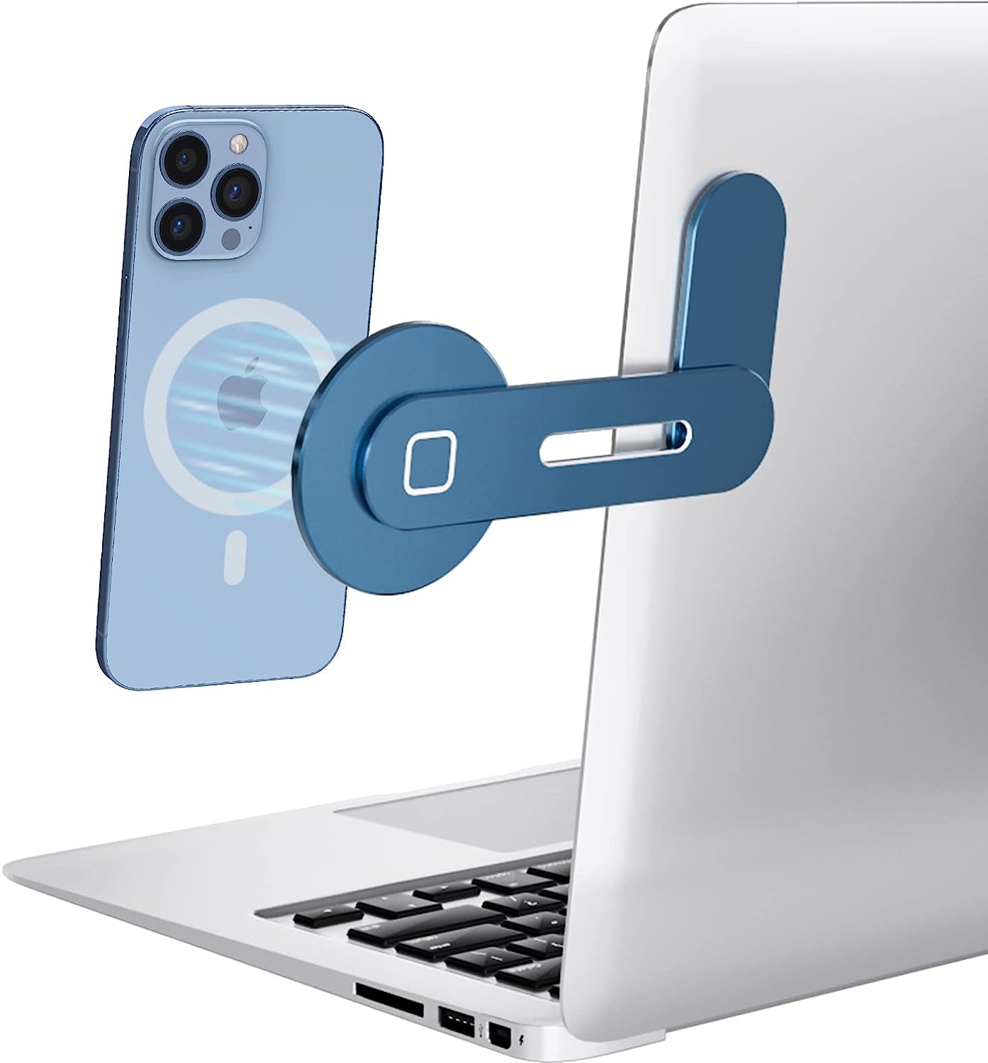 [New Upgraded] Magnetic Laptop Phone Holder Computer Monitor Side Cell Phone Mount Slim & Foldable Compatible with Iphone 14/13 /12 Series Magsafe Case and All Phones, Silver  Doter Blue  