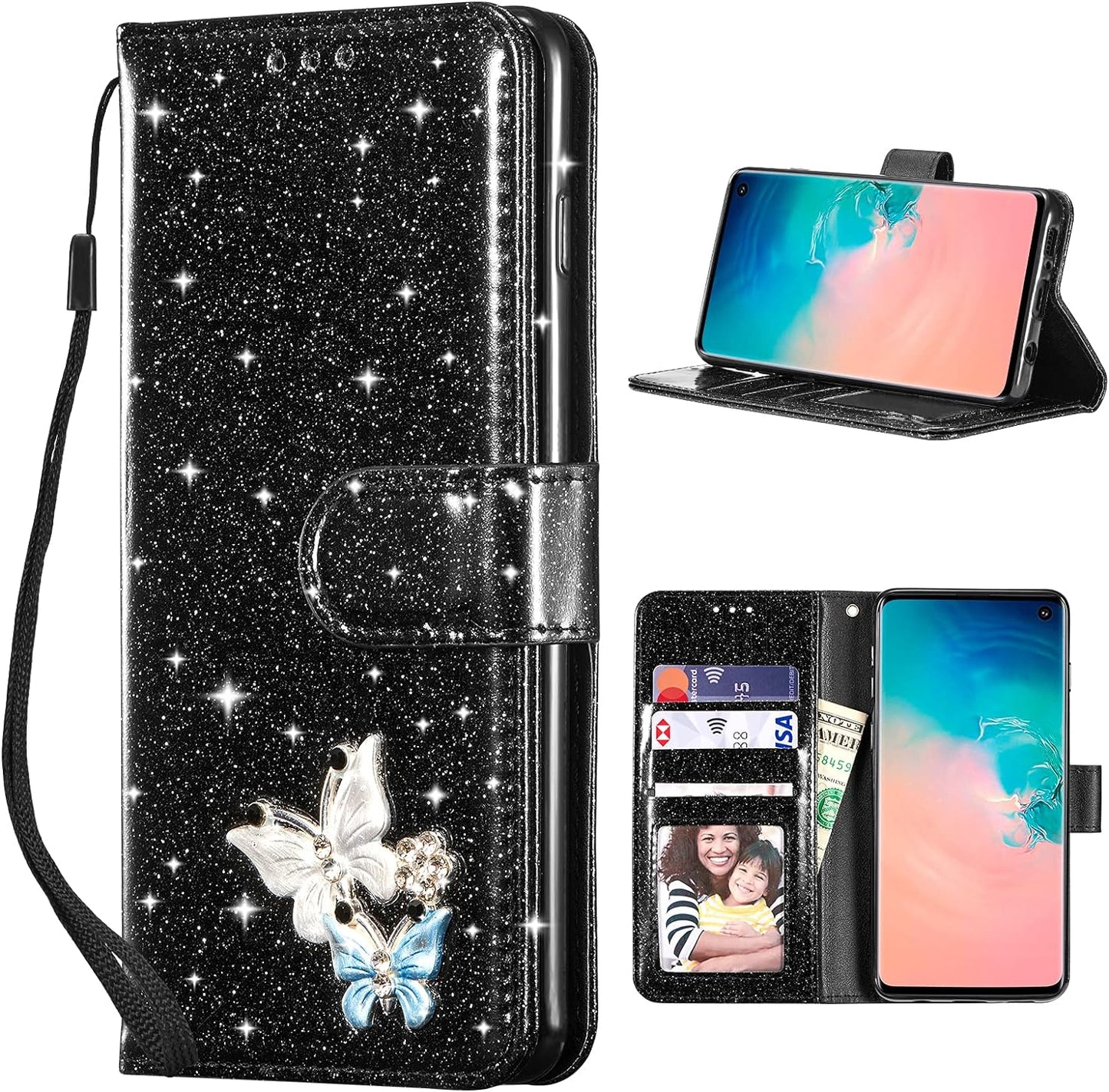 UEEBAI Wallet Case for Samsung Galaxy A53 5G, Premium Glitter PU Leather Phone Case Card Slots Kickstand Case Magnetic Closure Bling Handbag Case Shockproof Hand Strap Flip Cover - Glitter Purple  UEEBAI Black Samsung Galaxy S10 Plus 