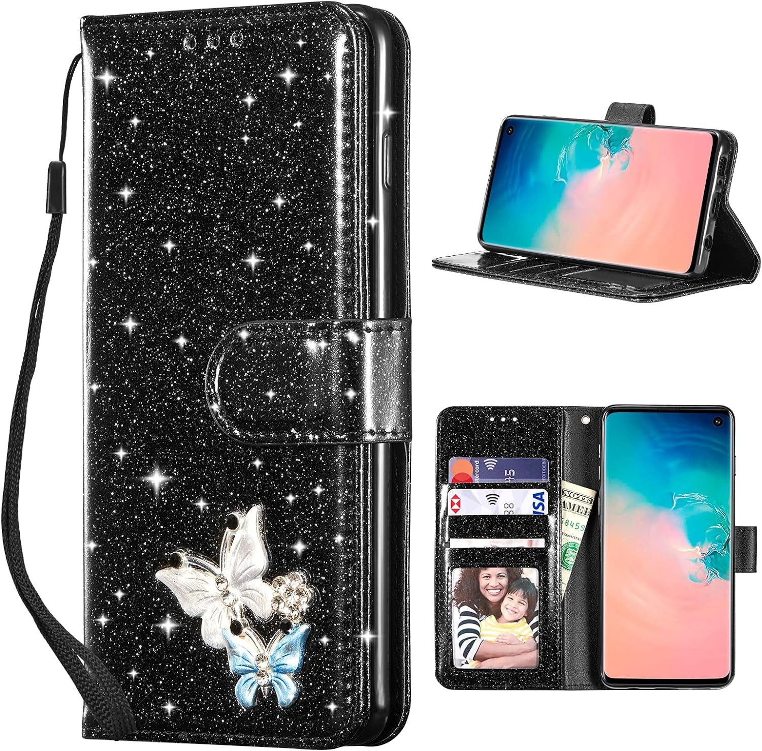 UEEBAI Wallet Case for Samsung Galaxy A53 5G, Premium Glitter PU Leather Phone Case Card Slots Kickstand Case Magnetic Closure Bling Handbag Case Shockproof Hand Strap Flip Cover - Glitter Purple  UEEBAI Black Samsung Galaxy S10 Plus 