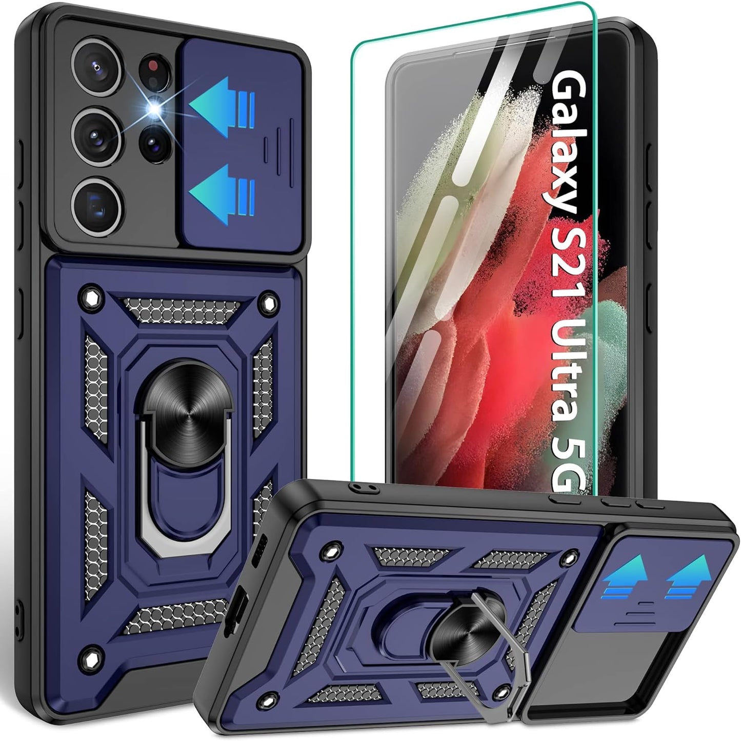 Compatible with Samsung Galaxy S21 Ultra Case,S21 Ultra Case with HD Screen Protector with Slide Camera Cover, 360°Rotation Ring Kickstand [Military Grade] Case for Galaxy S21 Ultra, Rose Gold  Gritup Blue  