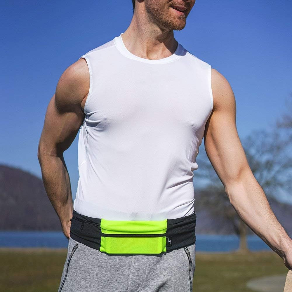 3 Pocket Adjustable Running Belt Waist Pack, Fanny Pack for Working Out with Sweat Resistant Backing, Holds All Iphone Models  Sprigs   