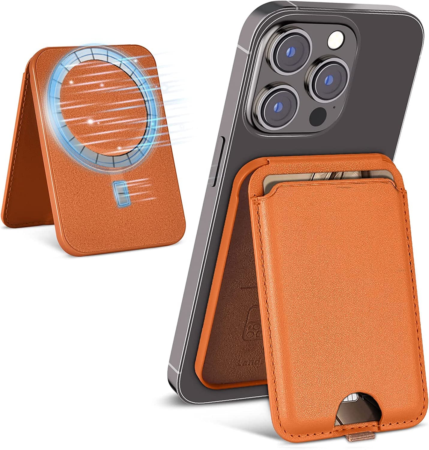 Imluckies Leather Magnetic Wallet Stand, for Apple Magsafe Wallet with Adjustable Stand, 3 Card Holders with Strong Magnets for Iphone 14/13 / 12 Series [Not for 13/12 Mini], Purple  imluckies Brown  