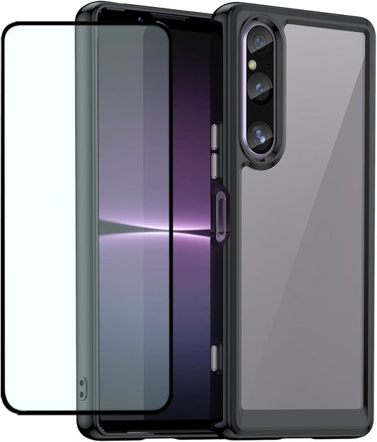 DFTCVBN Phone Case for Xperia 1 V Case, Sony 1V XQDQ62 Case with HD Screen Protector, Soft Bumper with Clear Crystal PC Hard Back Shockproof Cover Cases for Sony Xperia 1 V Black  DFTCVBN   