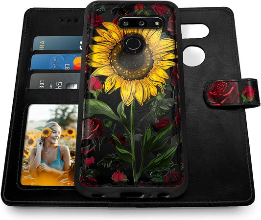 Shields up LG G8 Thinq Wallet Case, LG G8 Case, [Detachable] Magnetic Wallet Case with Card Slots & Wrist Strap for Girls/Women, [Vegan Leather] Cover for LG G8 Thinq - Rose Flower/Sunflower  Shields Up inc   