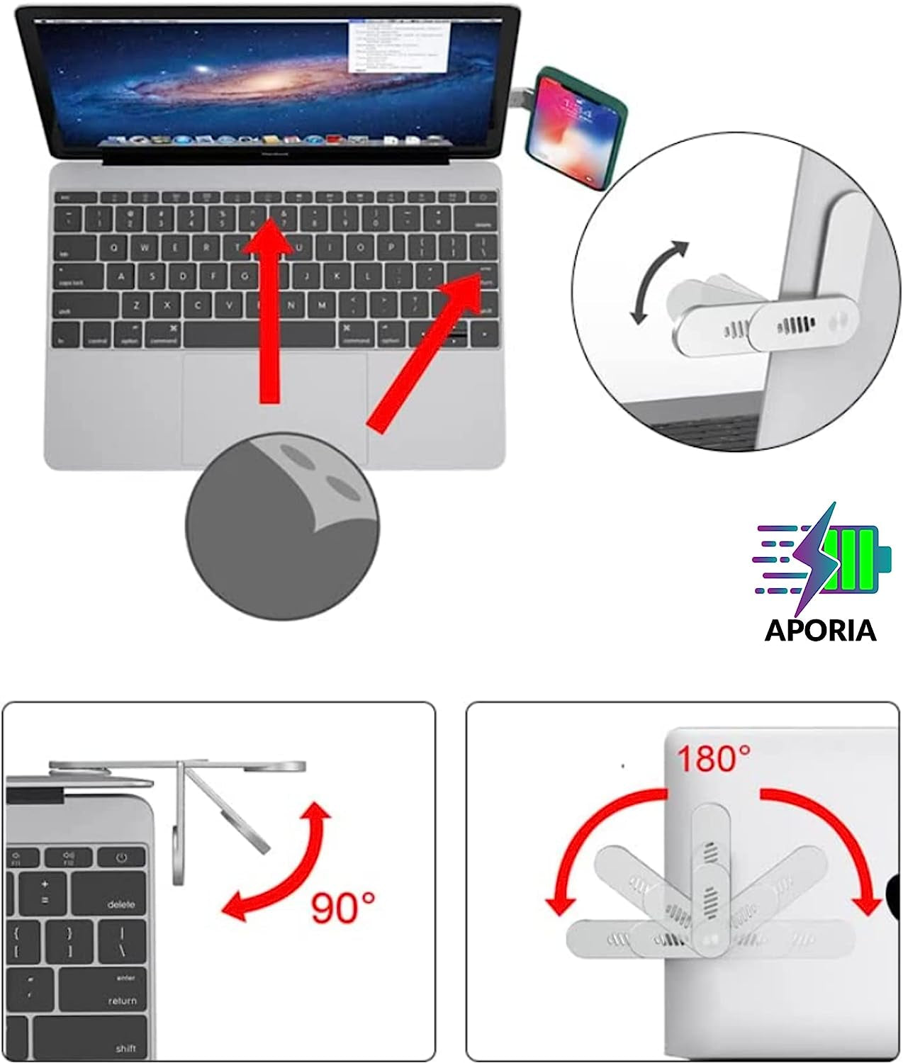 Aporia International Magnetic Cellphone Mount for Laptop, Foldable Lap Screen Side Phone Holder Extender Attach to Computer Monitor for Universal Smartphone - Rotating 180 Degree (Silver)  Aporia International   