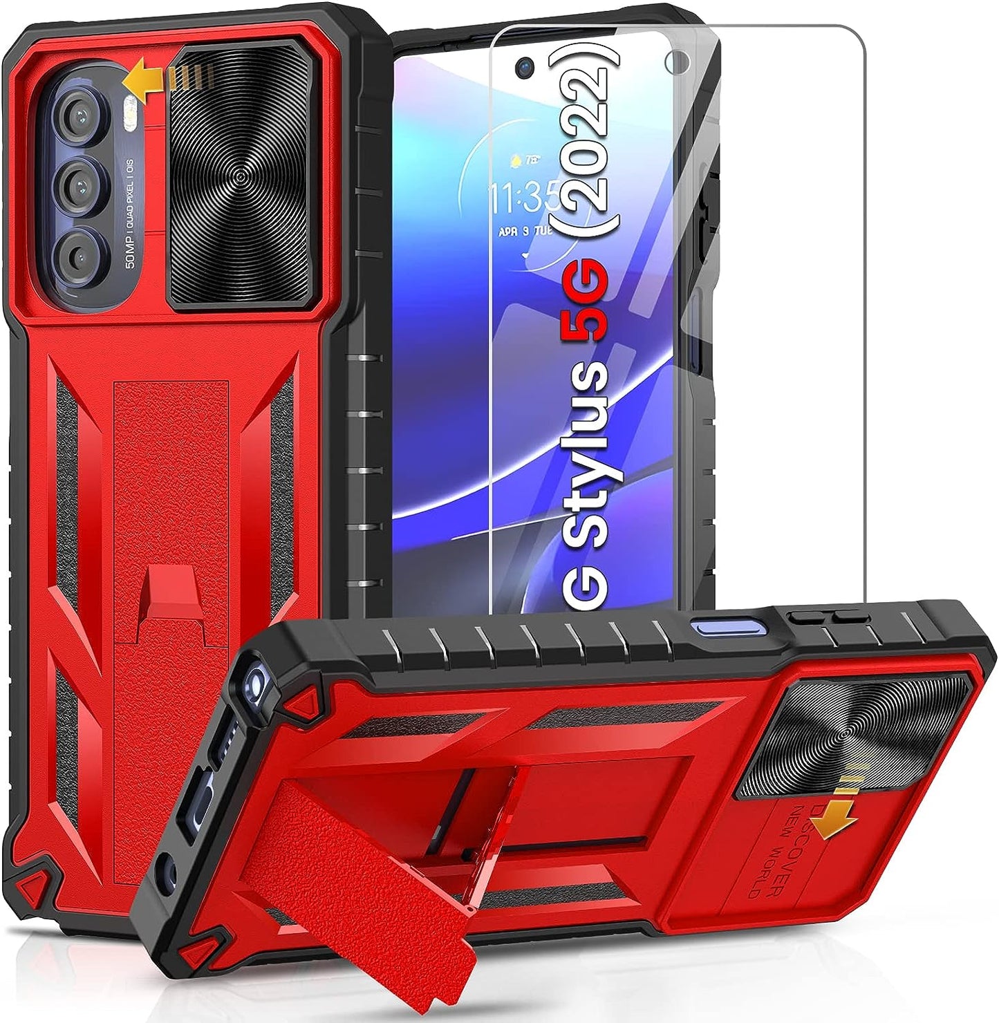 For Motorola Moto G-Stylus 5G-2022 Case: Military Grade Drop Proof Protection Rugged Protective Cell Phone Cover with Belt Clip Holster Kickstand & Slide |Shockproof TPU Matte(Belt-Clip Orange)  WTYOO Red  