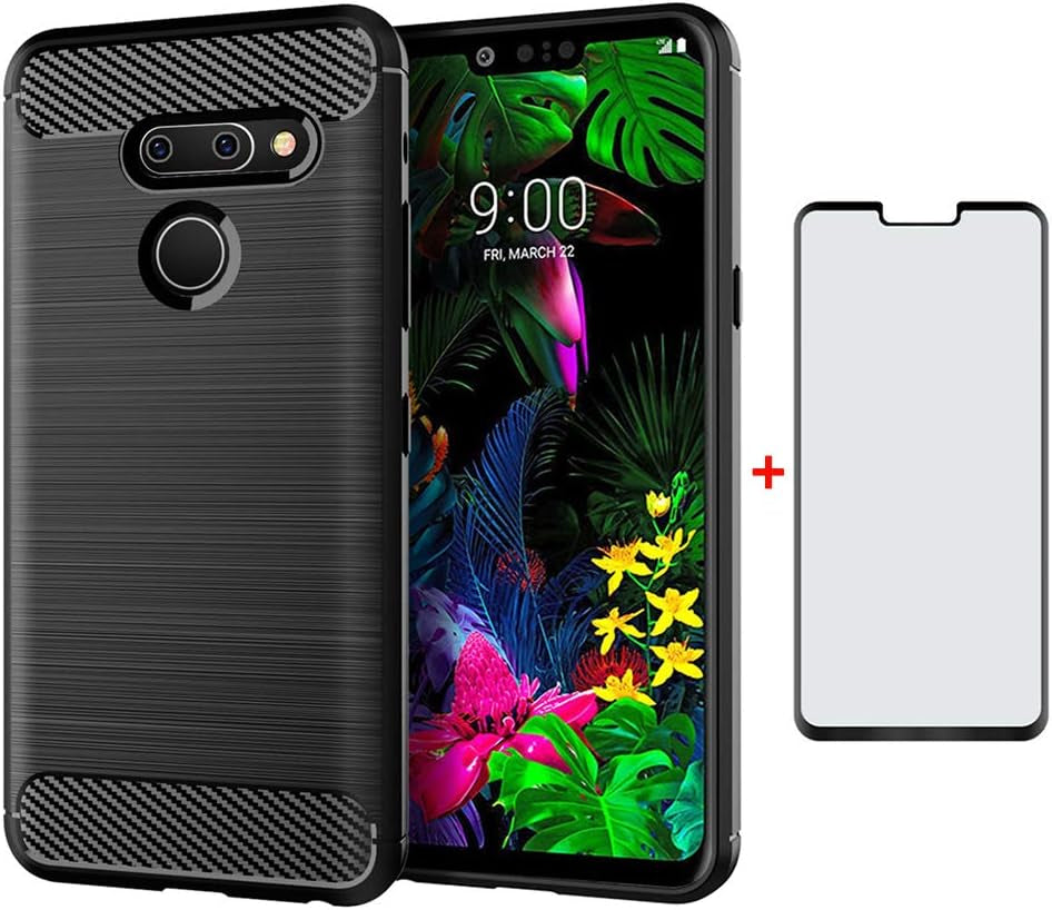 Phone Case for LG G8 Thinq with Tempered Glass Screen Protector Cover and Cell Accessories Slim Thin Soft TPU Silicone Rugged Rubber Protective LGG8 Thin Q G 8 LG8 G8Thinq Lgg8Thinq 8G Cases Men Black  Asuwish   