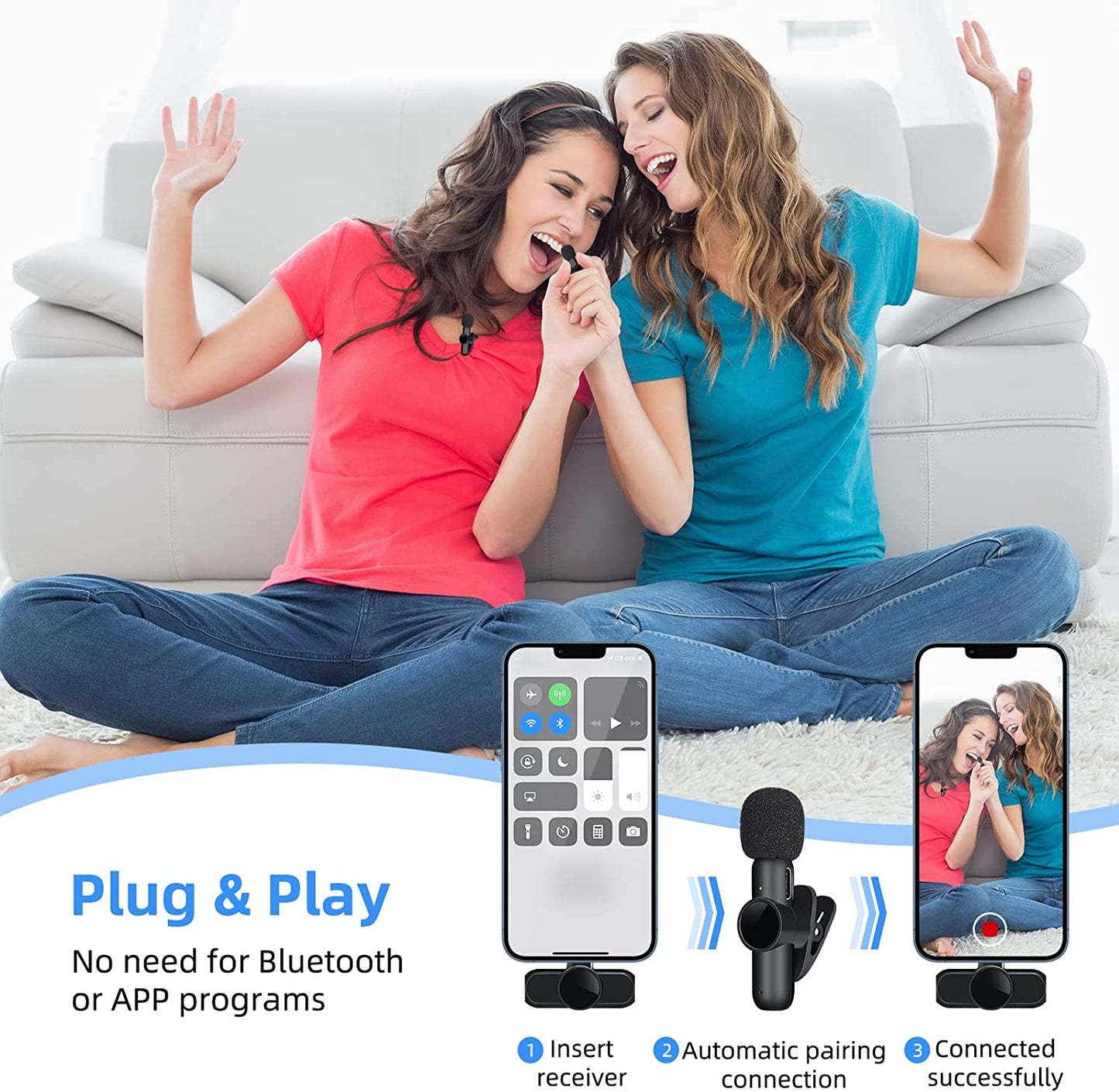 BAKAH Wireless Lavalier Microphone Fit for Iphone Ipad, Lapel Microphone Wireless, 2 Clip on Microphones for Phone Video Recording, Interview, Vlog, Youtube, Tiktok  BAKAH   