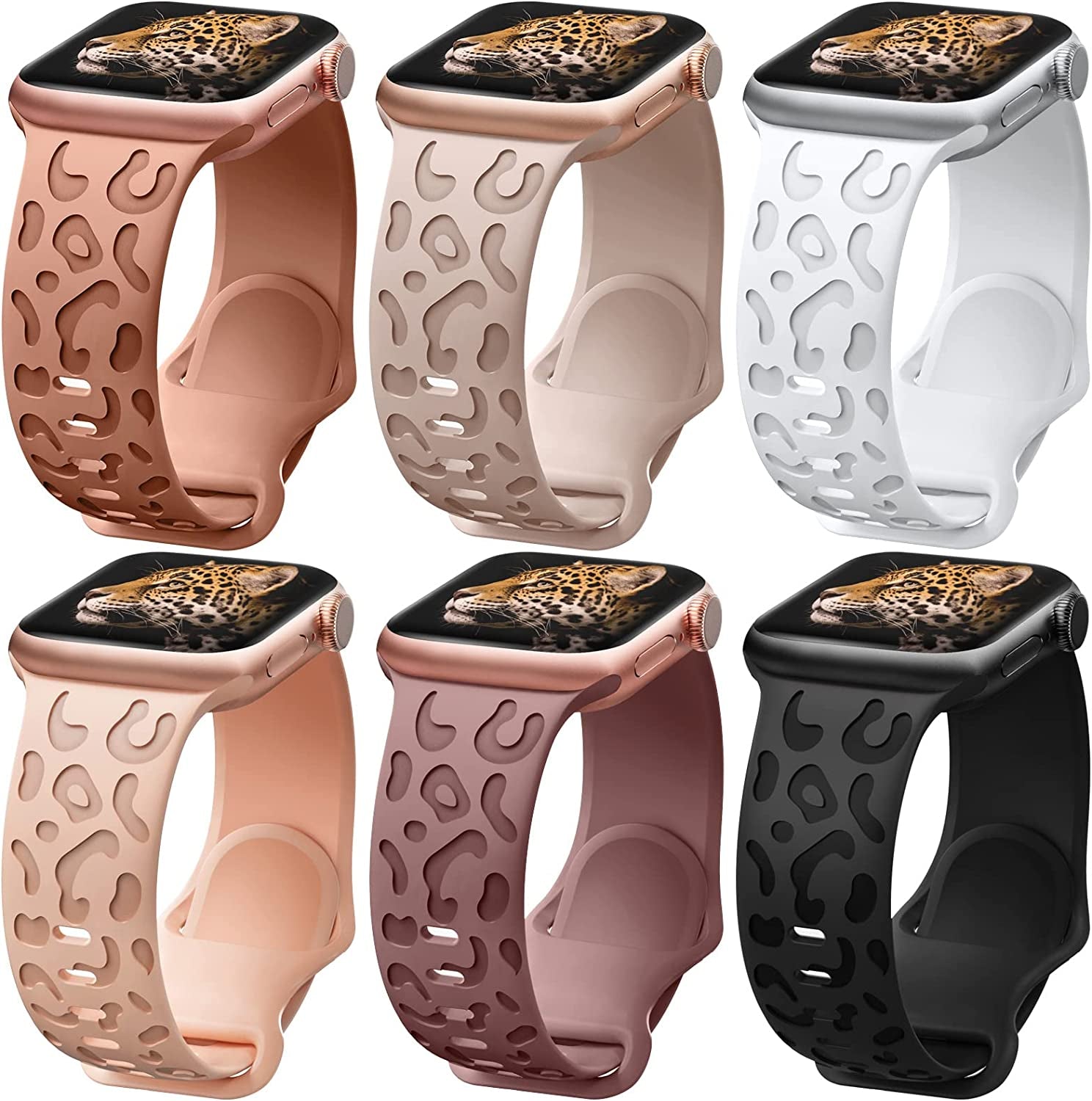 6 Pack Leopard Engraved Band Compatible with Apple Watch Band 38Mm 44Mm 45Mm 49Mm, Waterproof Cheetah Sport Silicone Wristbands Replacement for Iwatch Series 8 7 6 5 4 3 2 SE for Women Starlight-42  TurnForY D-White/ Milk Tea/ Brown/ Pink Sand/ Dark Red/ Black 42mm/44mm/45mm/49mm 
