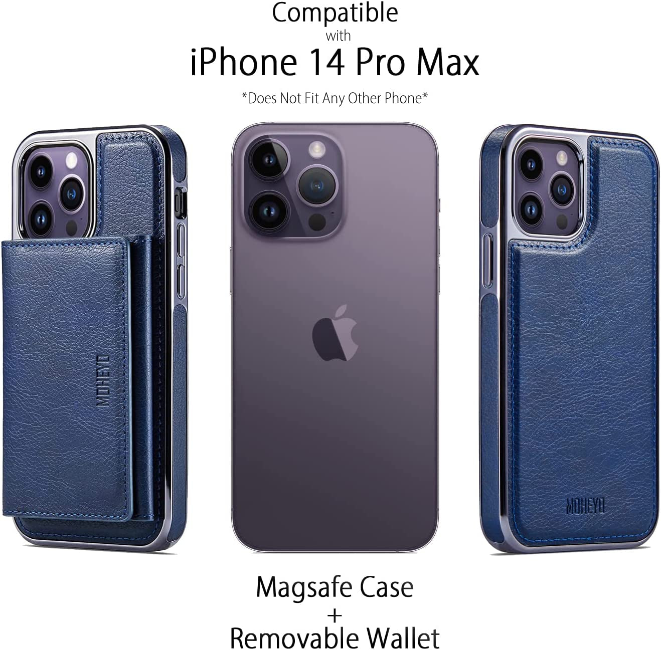 MOHEYO Designed for Iphone 14 Pro Max Case Compatible with Magsafe Removable Wallet Card Holder Magnetic Slim Thin Vegan Leather Cover (Blue)  MOHEYO   