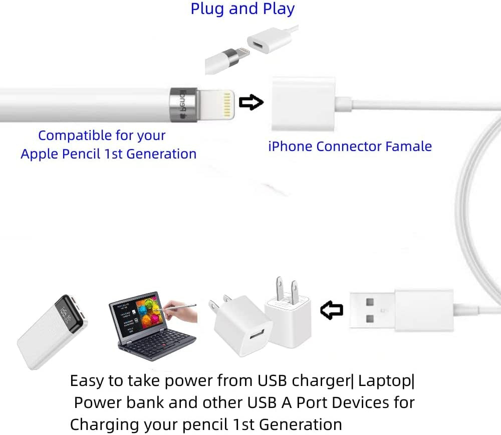 Compatible with Apple Pencil Charger,I Pencil Charging Adapter Compatible with Apple Pencil 1St Generation,1Ft Ipencil Accessories for Apple 1 Pen Gen USB a to Ligntning Female Connector (Apple White)  ONGAHON   