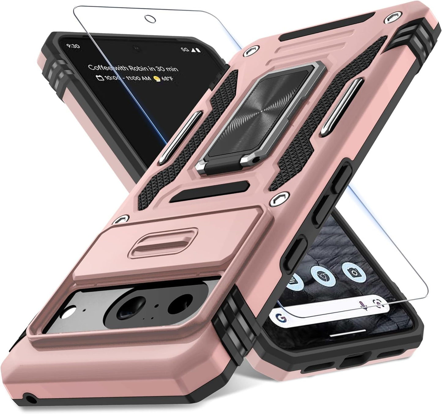 DEERLAMN for Google Pixel 8 Case with Slide Camera Cover+Screen Protector (1 Pack), Rotated Ring Kickstand Military Grade Shockproof Heavy Duty Protective Cover -Navy Blue  DEERLAMN Rose Gold Google Pixel 8 