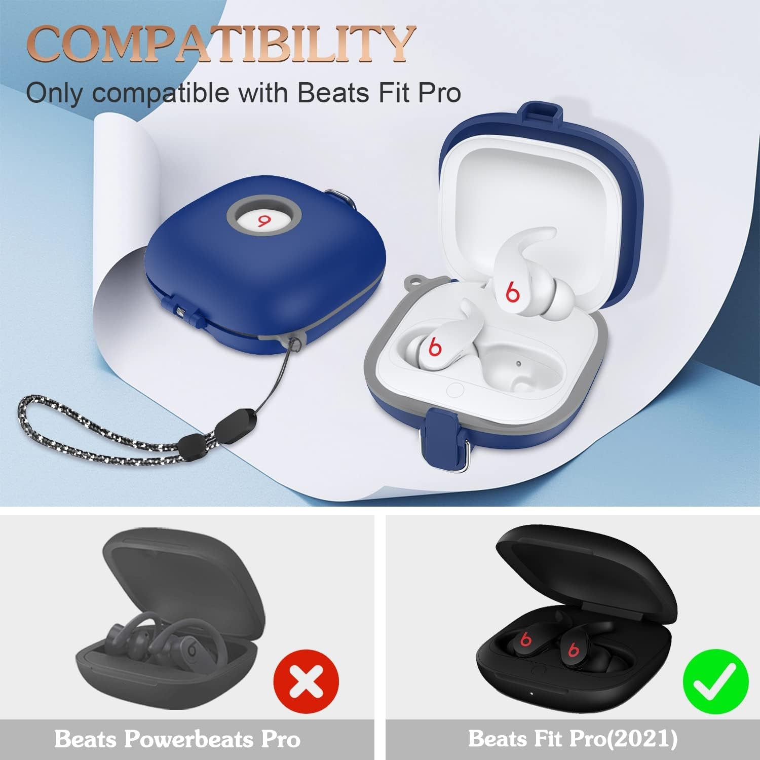 QIUDAOY for Beats Fit Pro Case with Secure Lock, Hard Shell Protective Case Cover for Beats Fit Pro Earbuds with Keychain/Lanyard Accessories, Silicone+Pc Full Skin Protector for Beats Fit Pro (Blue)  QIUDAOY   