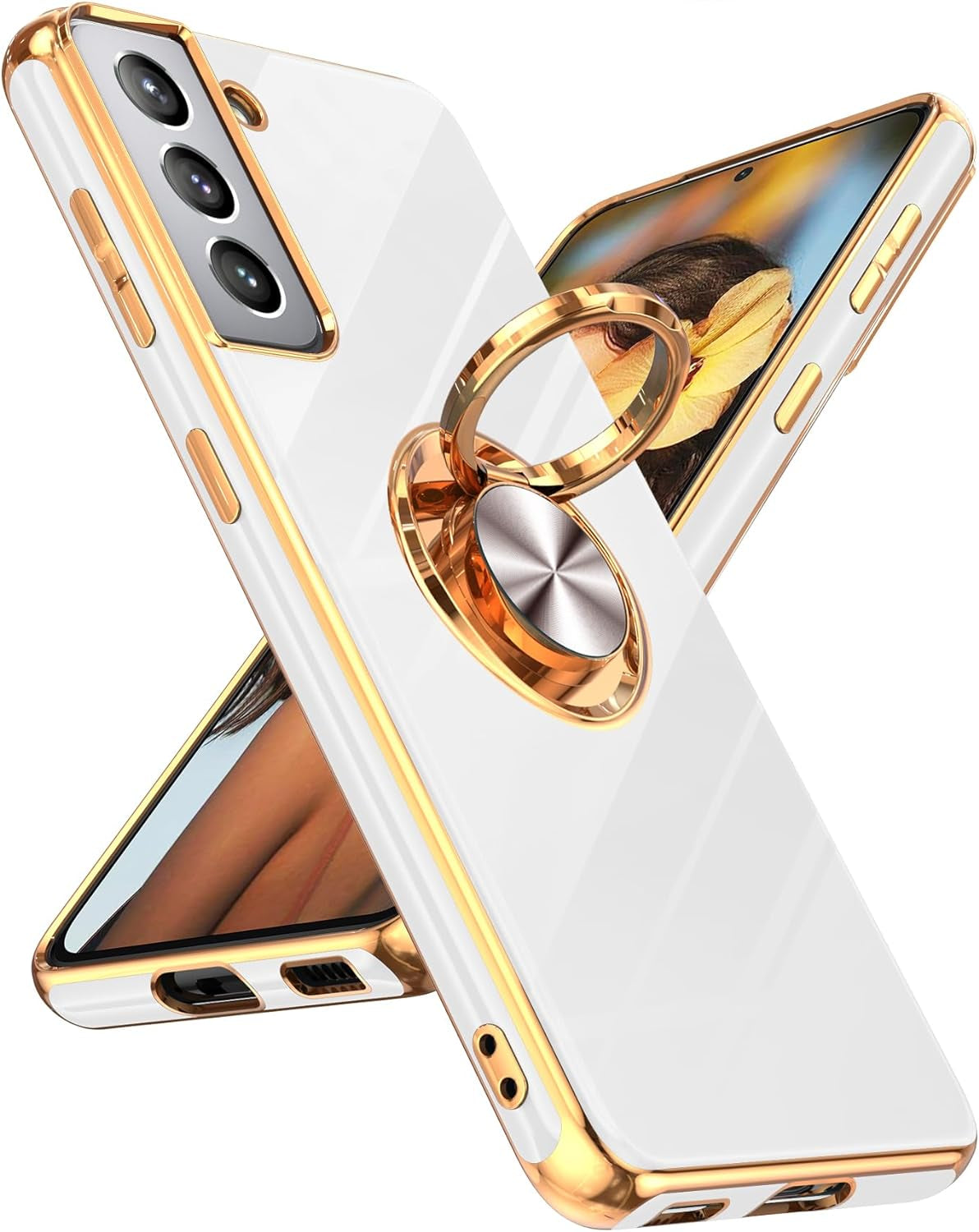 Leyi for Samsung Galaxy S21 plus Case 360° Rotatable Ring Holder Magnetic Kickstand, Plating Rose Gold Edge Protective Case, Grey  LeYi White Samsung Galaxy S21 Plus 