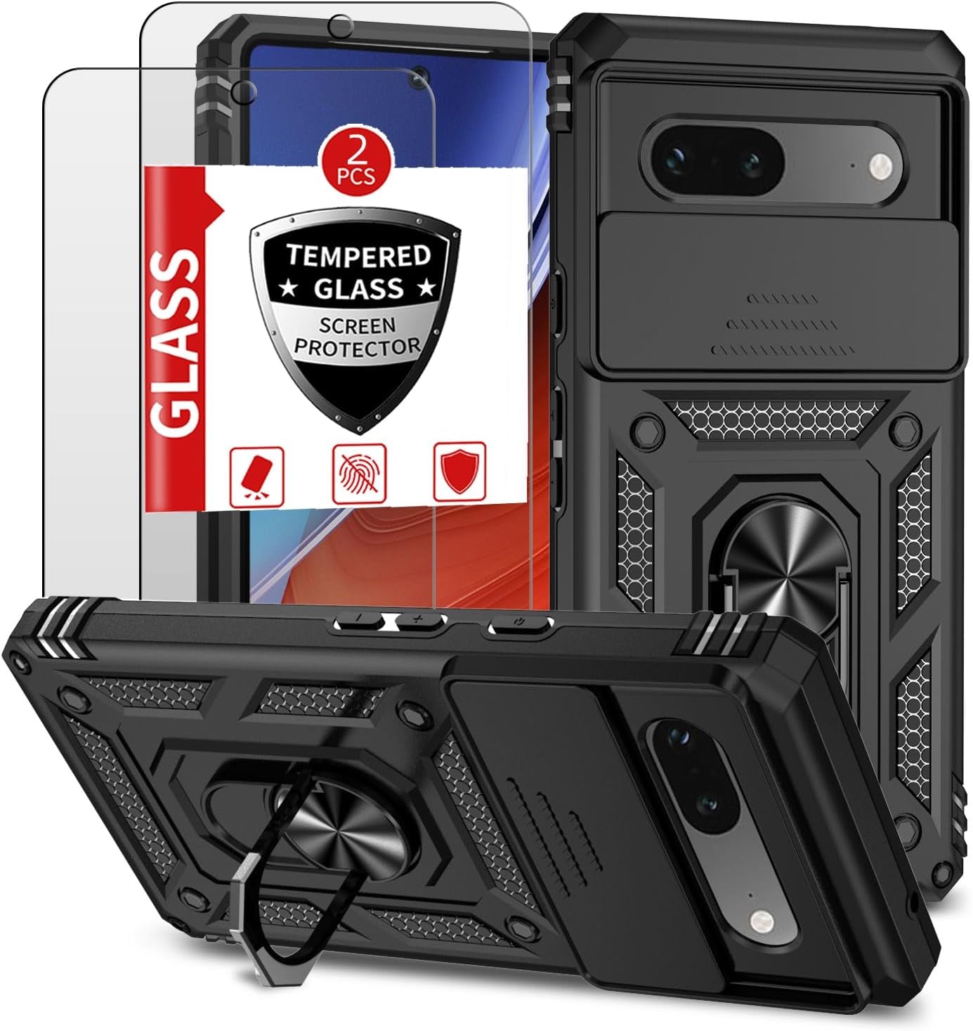 IYTRRYH for Google Pixel 6 Pro Case 5G with Tempered Glass Screen Protector with Magnetic Car Kickstand Ring&Camera Cover Shockproof Military Grade Drop Heavy Duty Protection Men Pixel 6 Pro 6.7'Black  IYTRRYH Black Google Pixel 6A 